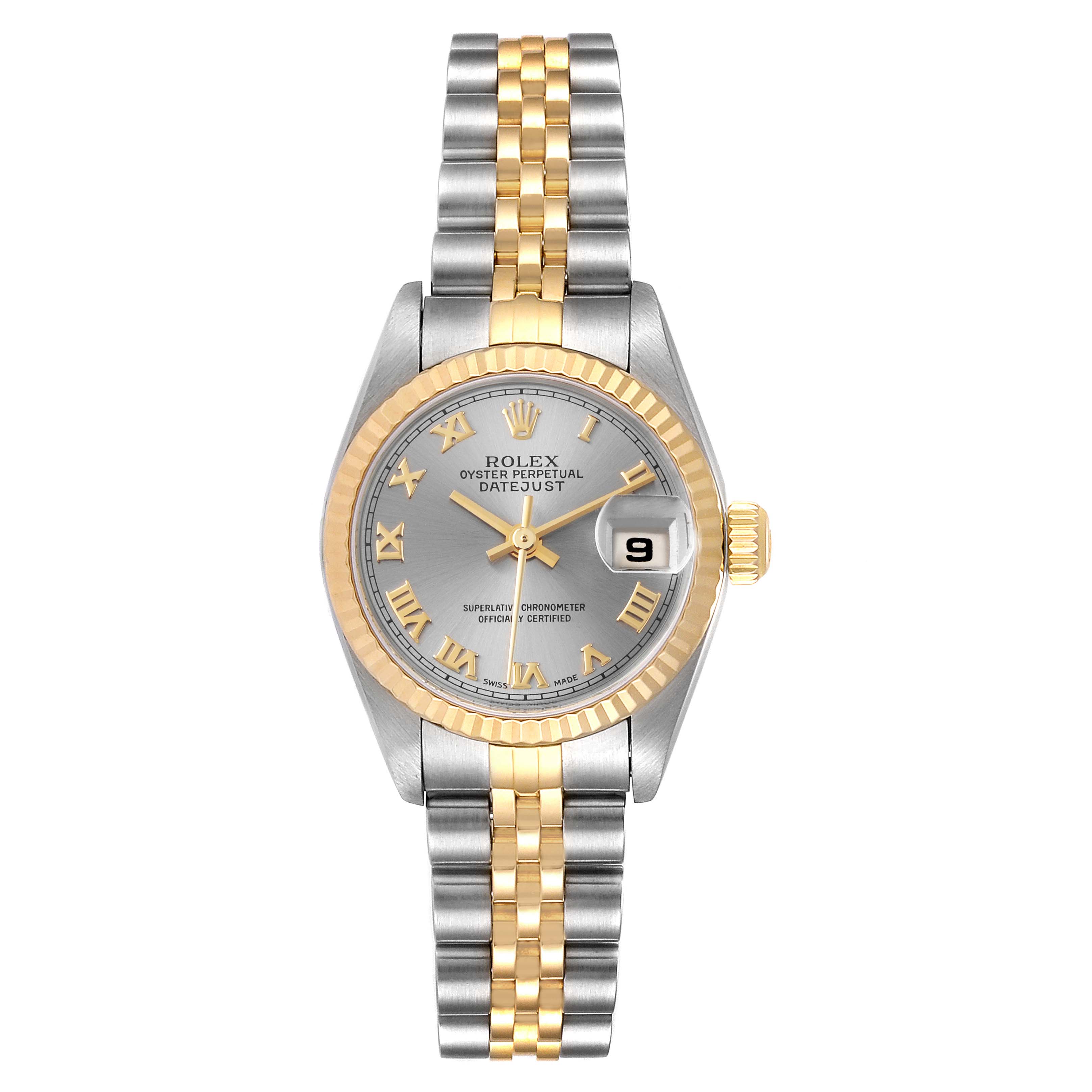 This image shows a front view of a Rolex Datejust 79173 Women
s Steel and Gold (two tone) Grey Dial 79173 Women
s Steel and Gold (two tone) Grey Dial, displaying the dial, bezel, bracelet, and date window.