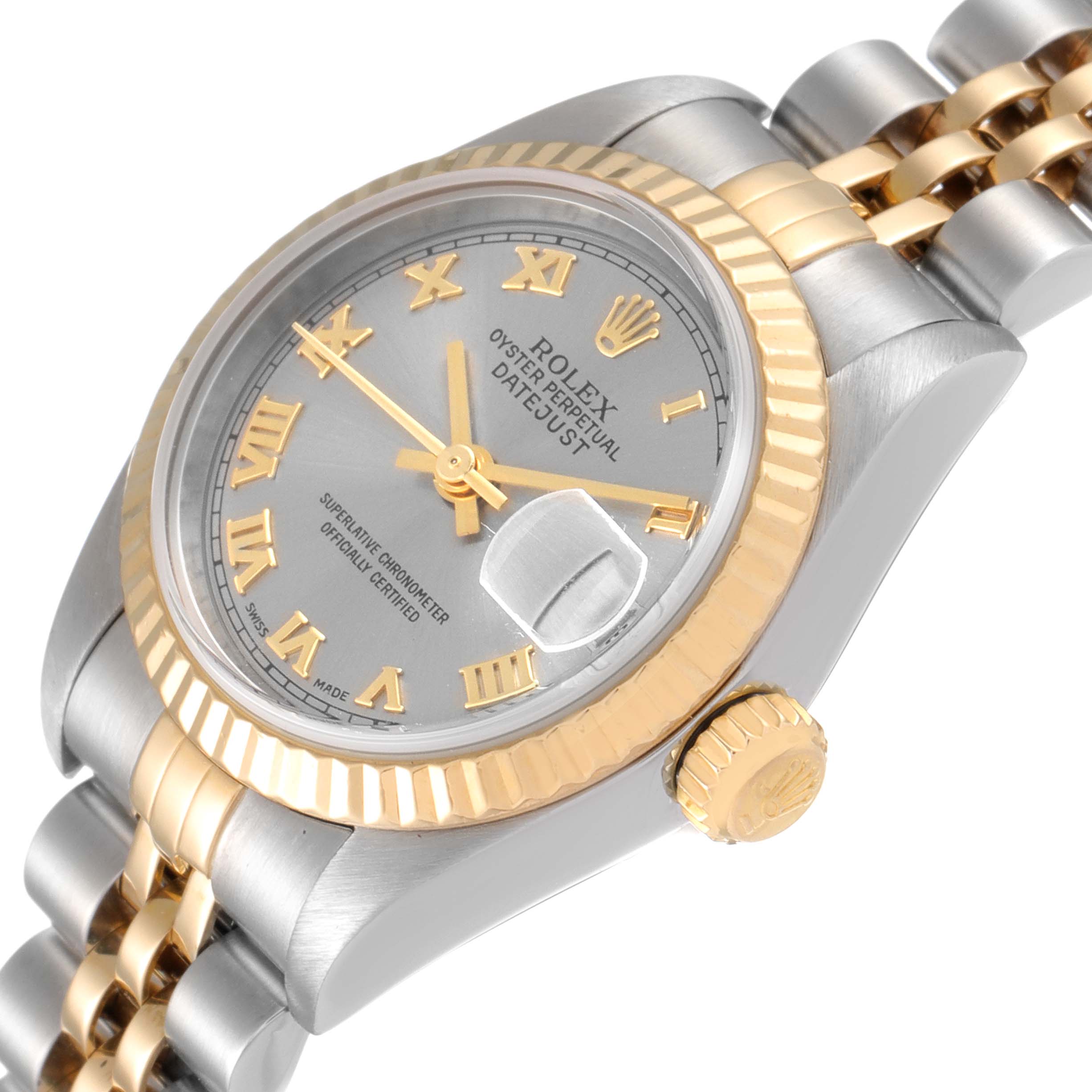 The image shows an angled view of a Rolex Datejust 79173 Women
s Steel and Gold (two tone) Grey Dial 79173 Women
s Steel and Gold (two tone) Grey Dial watch, highlighting its face, bezel, crown, and part of the bracelet.