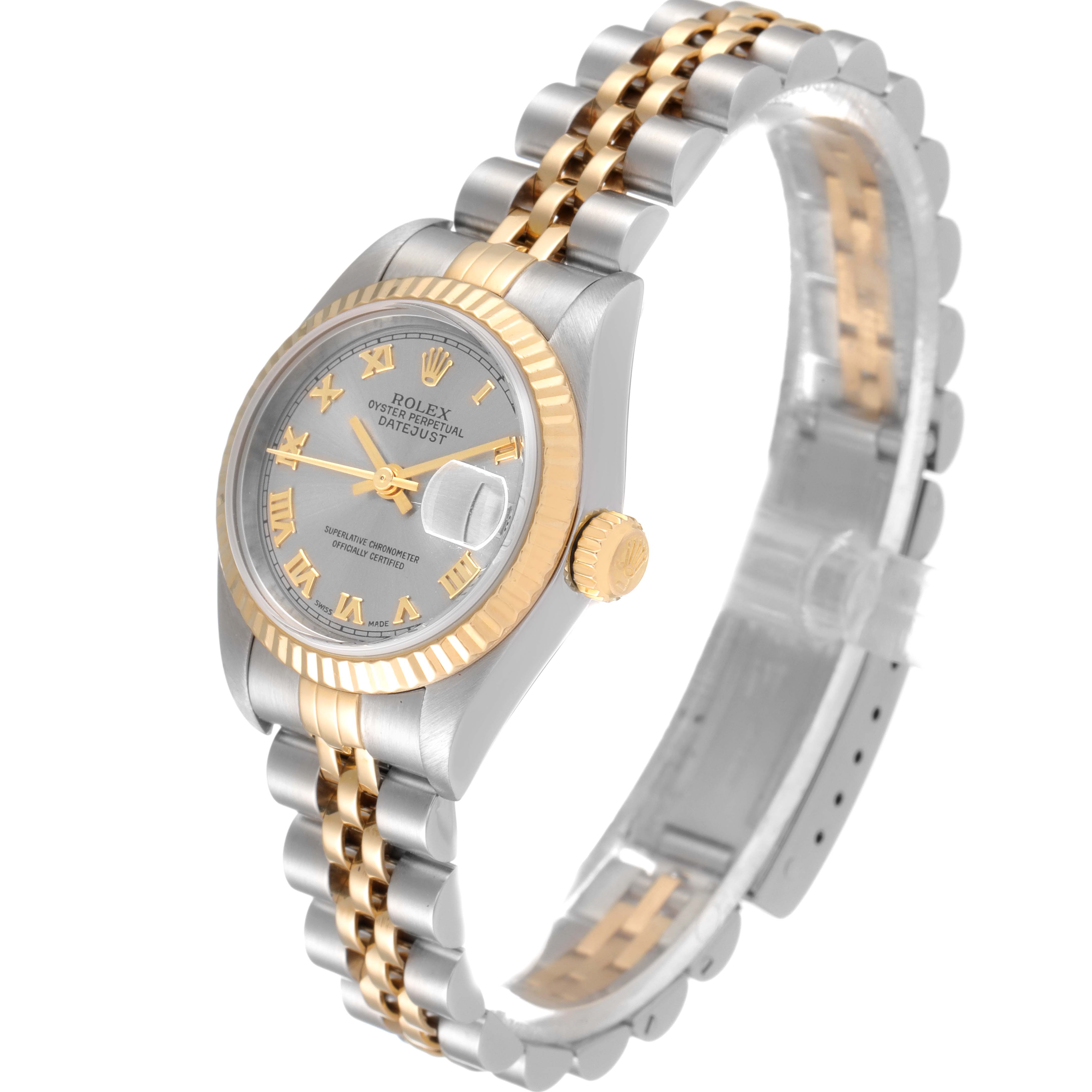 The image shows a Rolex Datejust 79173 Women
s Steel and Gold (two tone) Grey Dial 79173 Women
s Steel and Gold (two tone) Grey Dial watch angled to display the face, bezel, and part of the Jubilee bracelet.