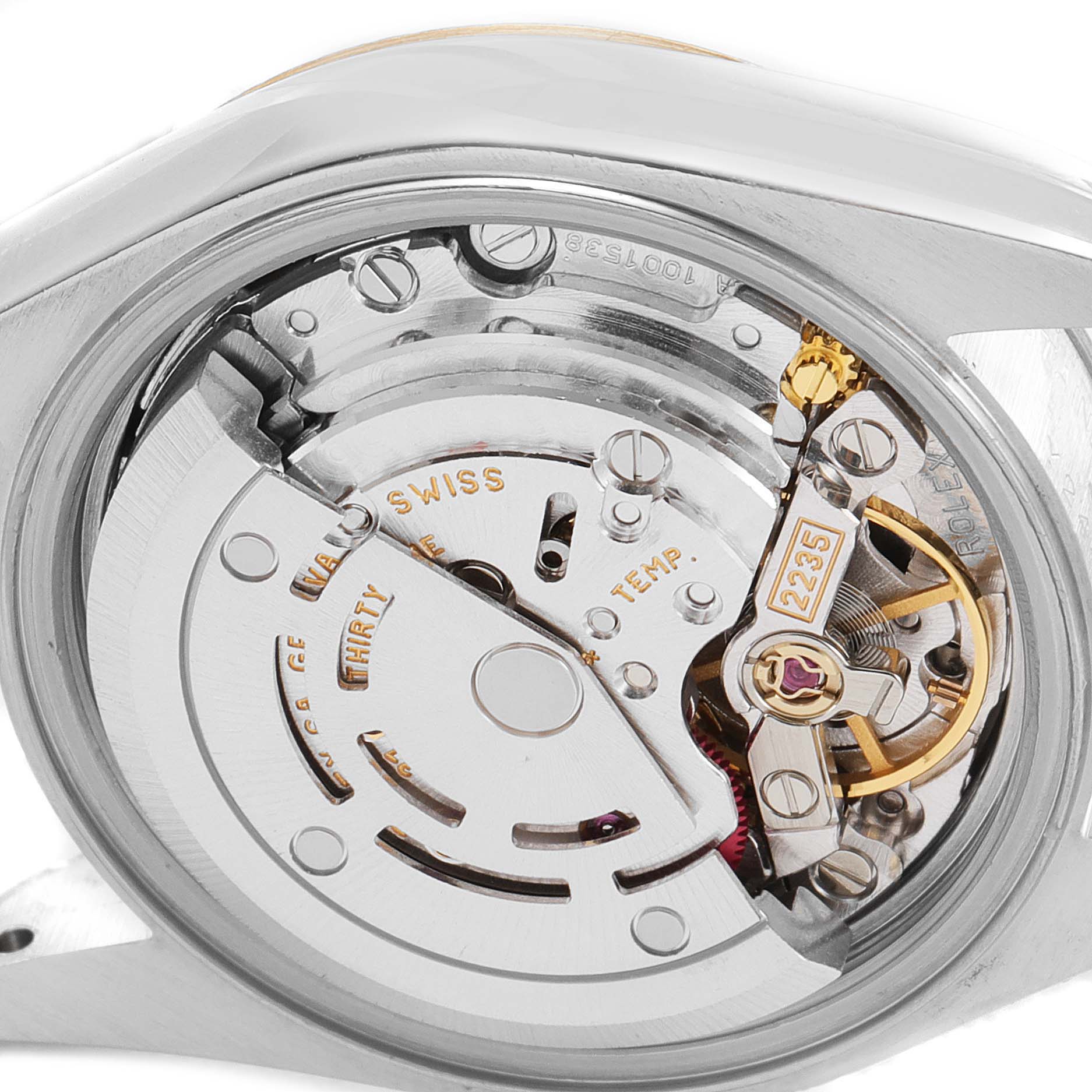 The image shows the back view of the Rolex Datejust 79173 Women
s Steel and Gold (two tone) Grey Dial 79173 Women
s Steel and Gold (two tone) Grey Dial watch, highlighting the mechanical movement and components.