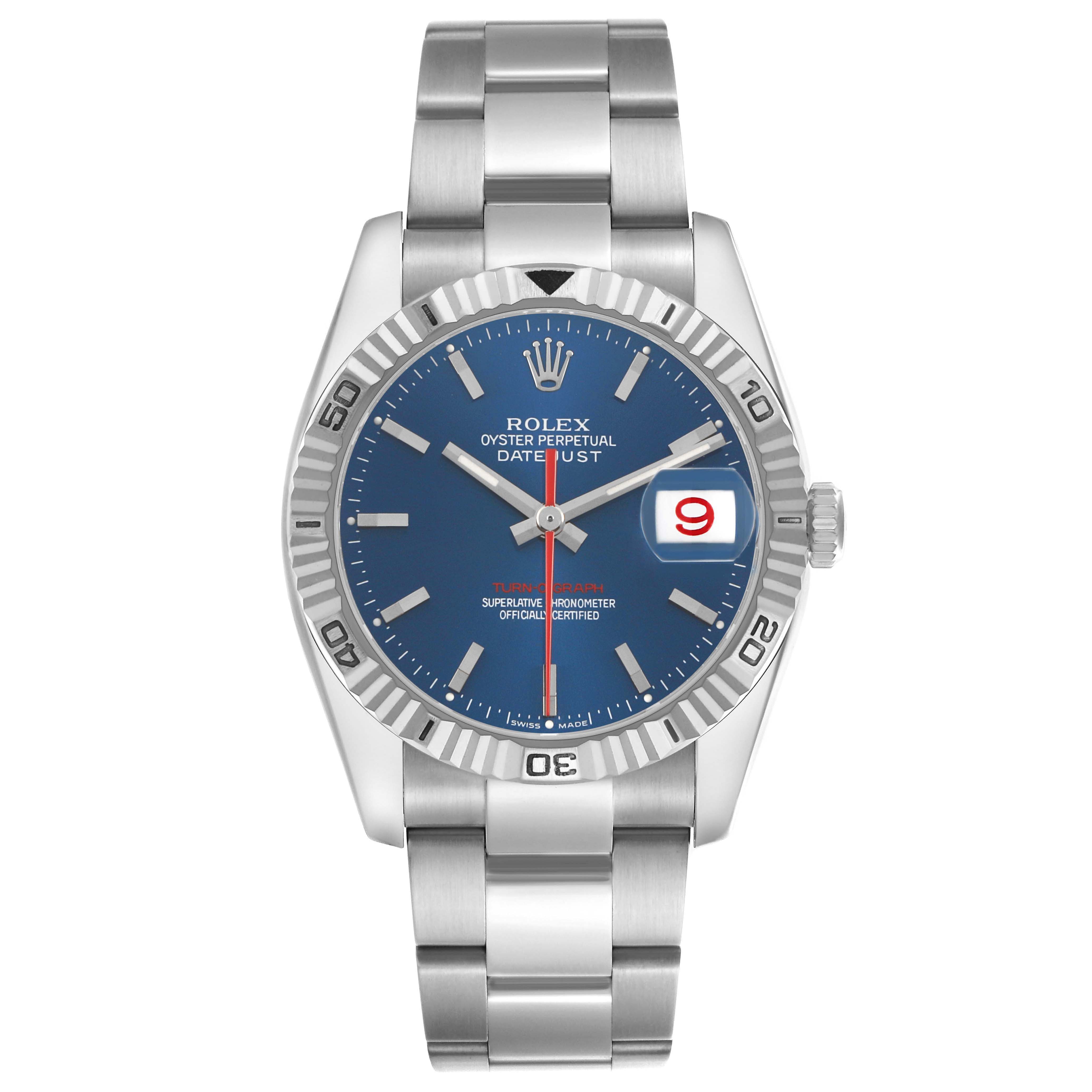 The Rolex Turn-o-Graph 116264 Men's Stainless Steel Blue Dial watch is shown from a front angle, highlighting the dial, bracelet, and bezel details.