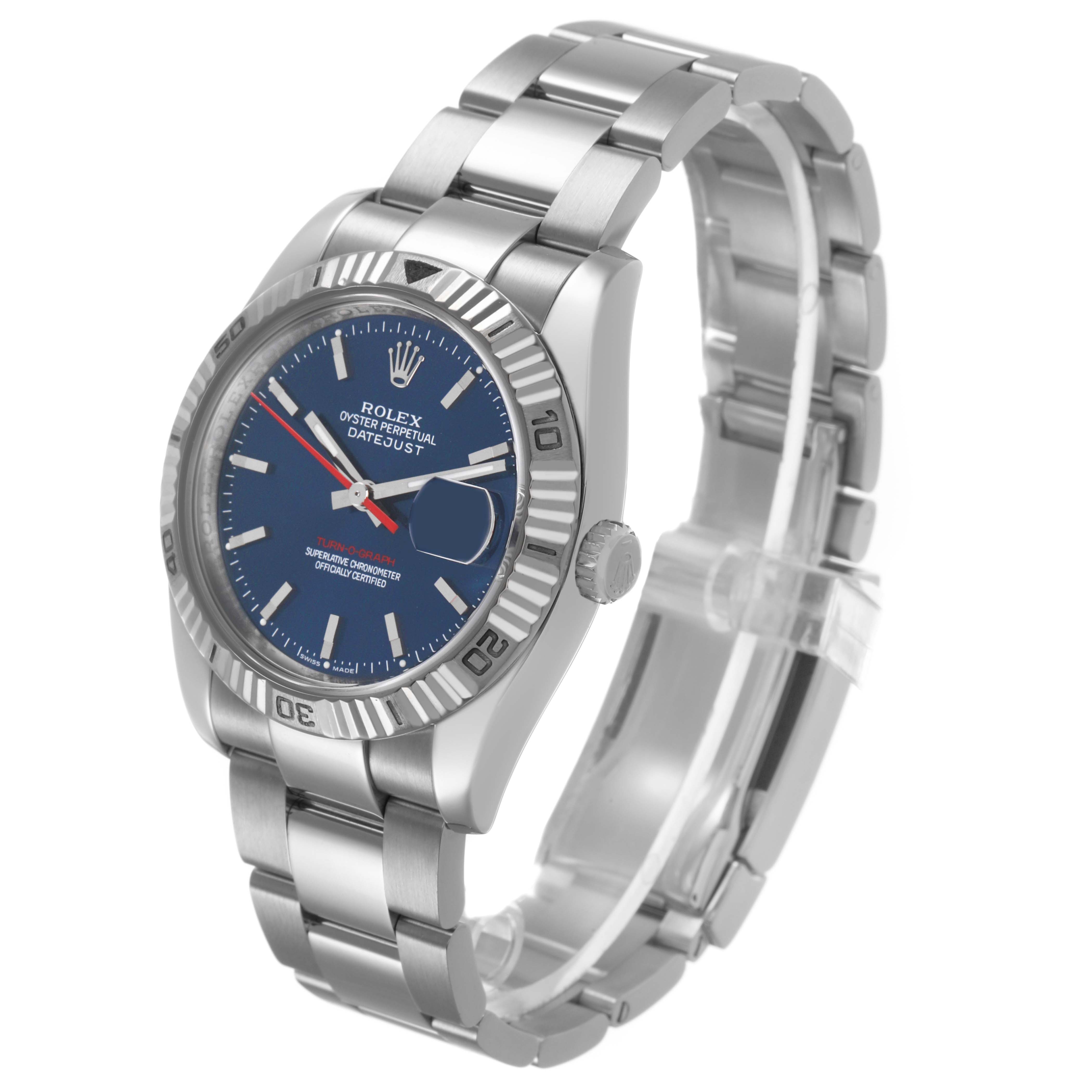The Rolex Turn-o-Graph 116264 Men's Stainless Steel Blue Dial is shown at a three-quarter angle, displaying the blue dial, bezel, crown, and part of the metal bracelet.