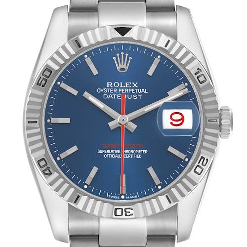 The Rolex Turn-o-Graph 116264 Men's Stainless Steel Blue Dial watch is shown from the front, highlighting its blue dial, bezel, and bracelet.