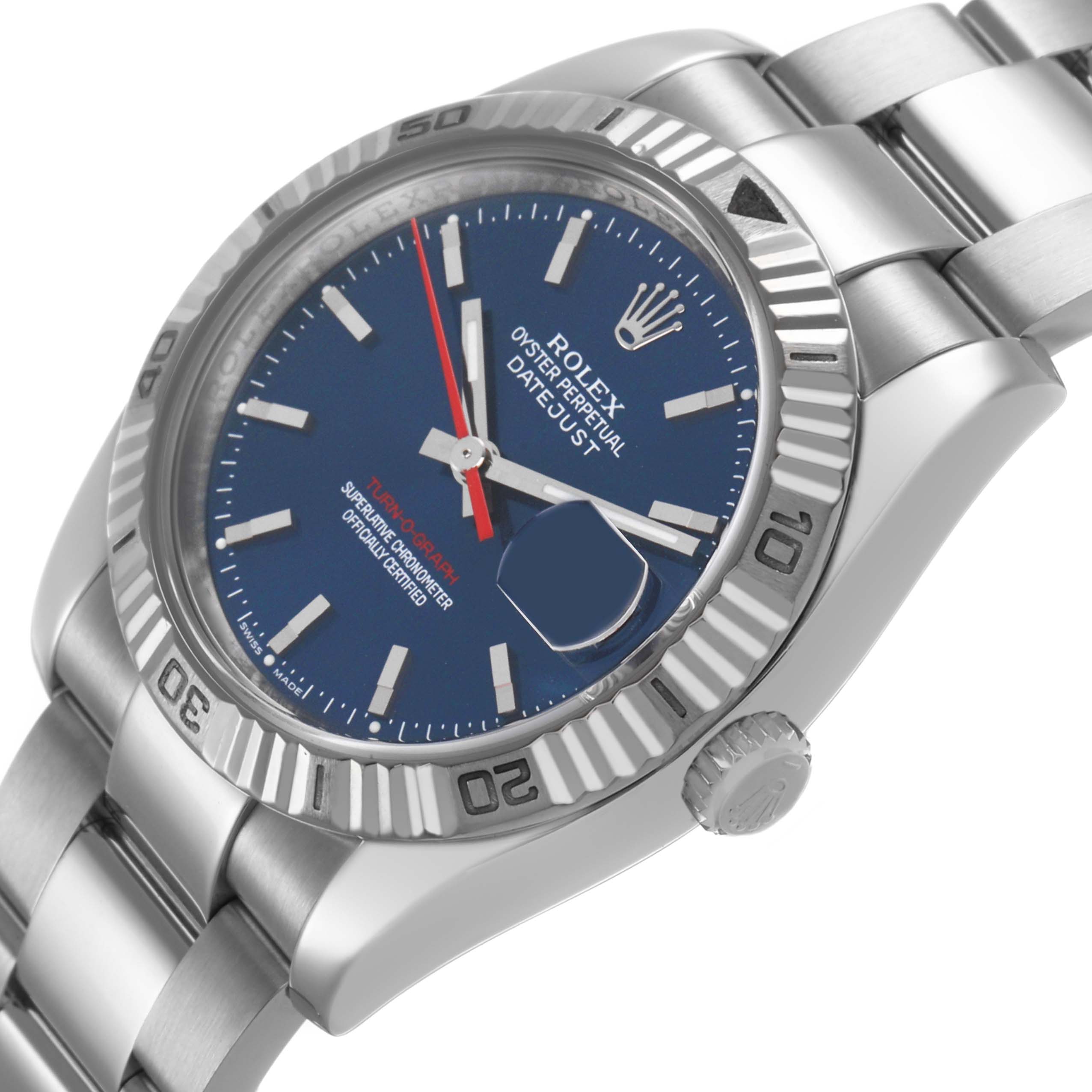 The Rolex Turn-o-Graph 116264 Men's Stainless Steel Blue Dial watch is shown at a slight angle, highlighting the dial, bezel, and bracelet.