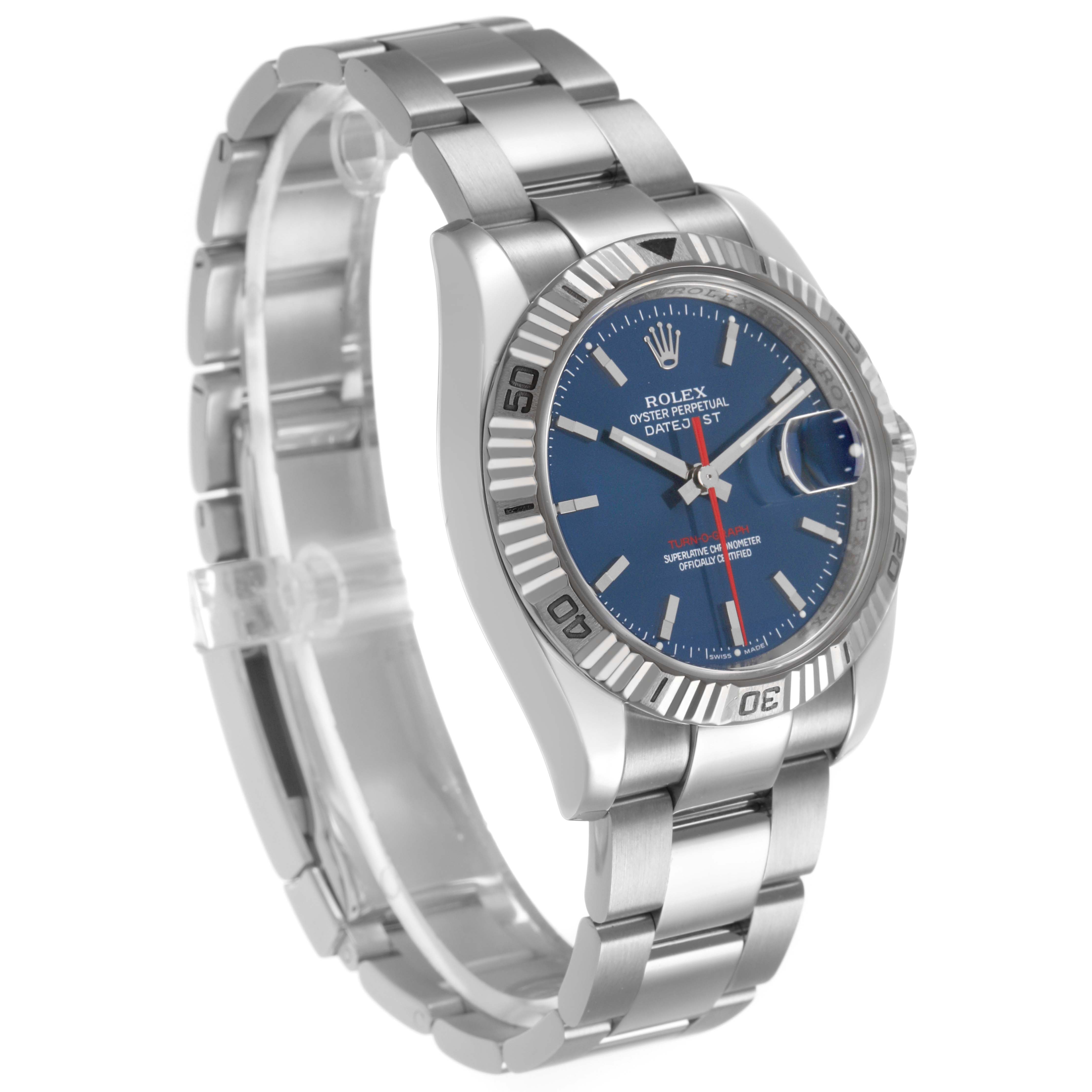 The Rolex Turn-o-Graph 116264 Men's Stainless Steel Blue Dial watch is shown at an angled side view, displaying its blue dial, bezel, and metal bracelet.