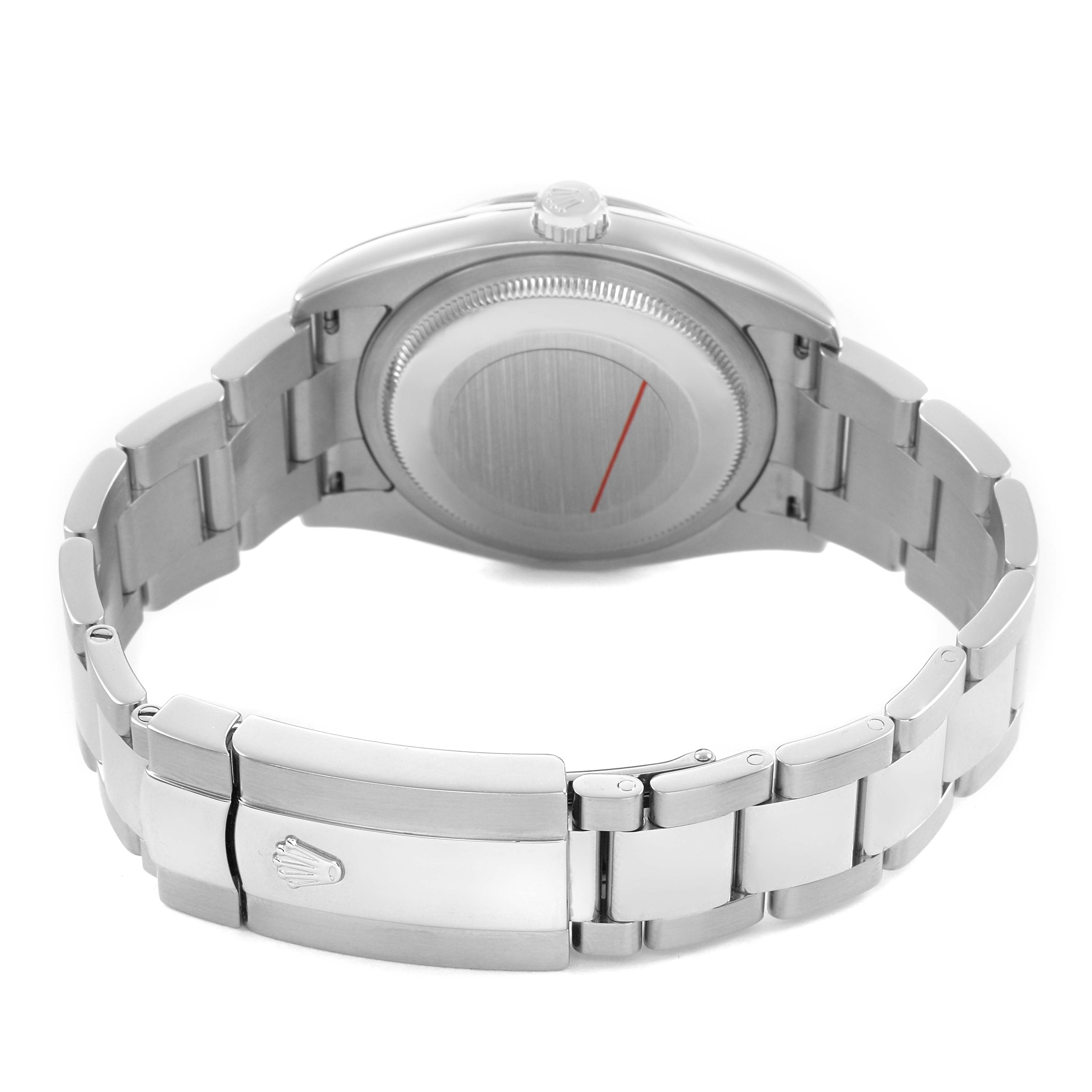 The image shows the back of a Rolex Turn-o-Graph 116264 Men's Stainless Steel Blue Dial watch, highlighting its clasp, bracelet, and watch case.