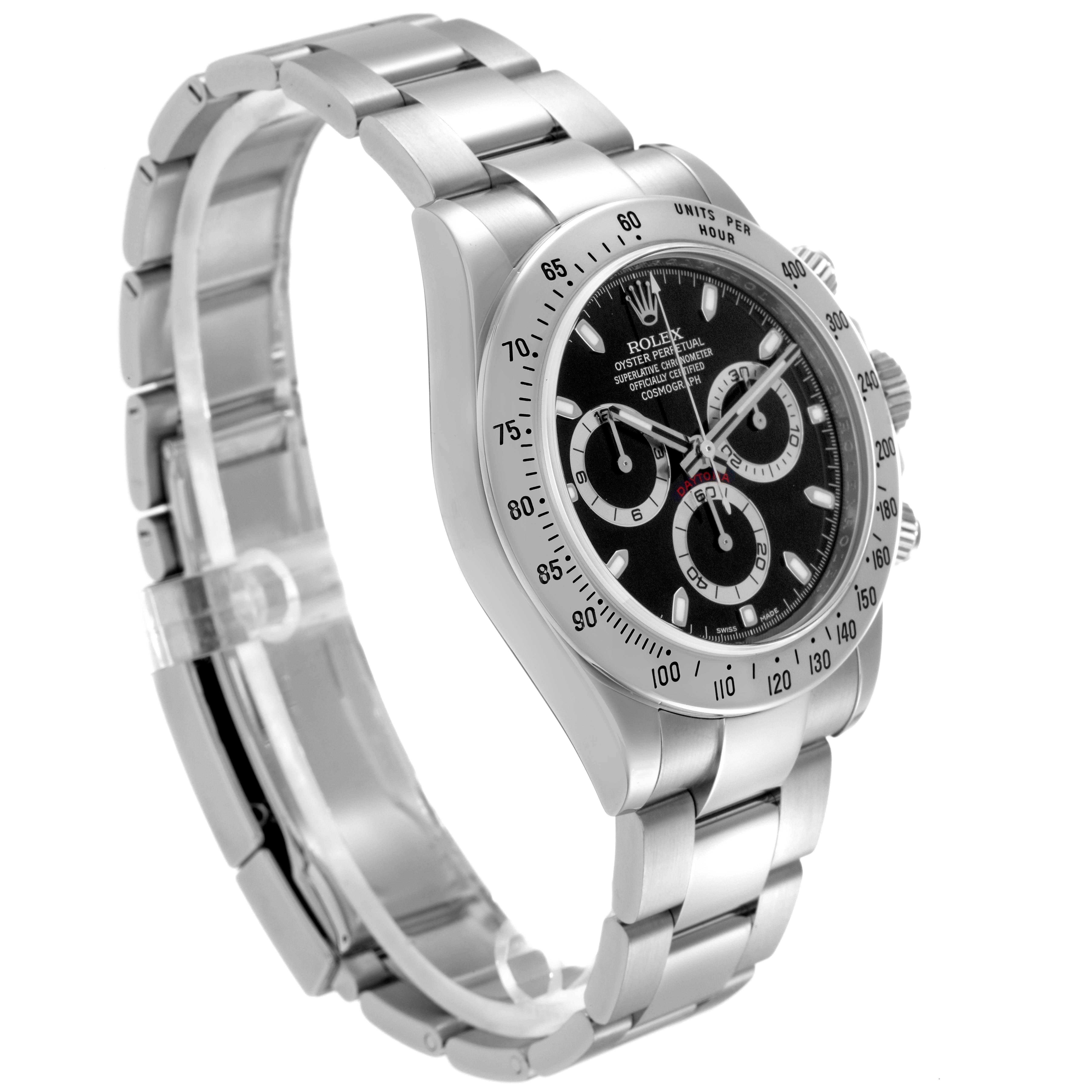 The Rolex Daytona 116520 Men's Stainless Steel Black Dial 116520 Men's Stainless Steel Black Dial watch is shown at a three-quarter angle, displaying the dial, bezel, case, and bracelet.