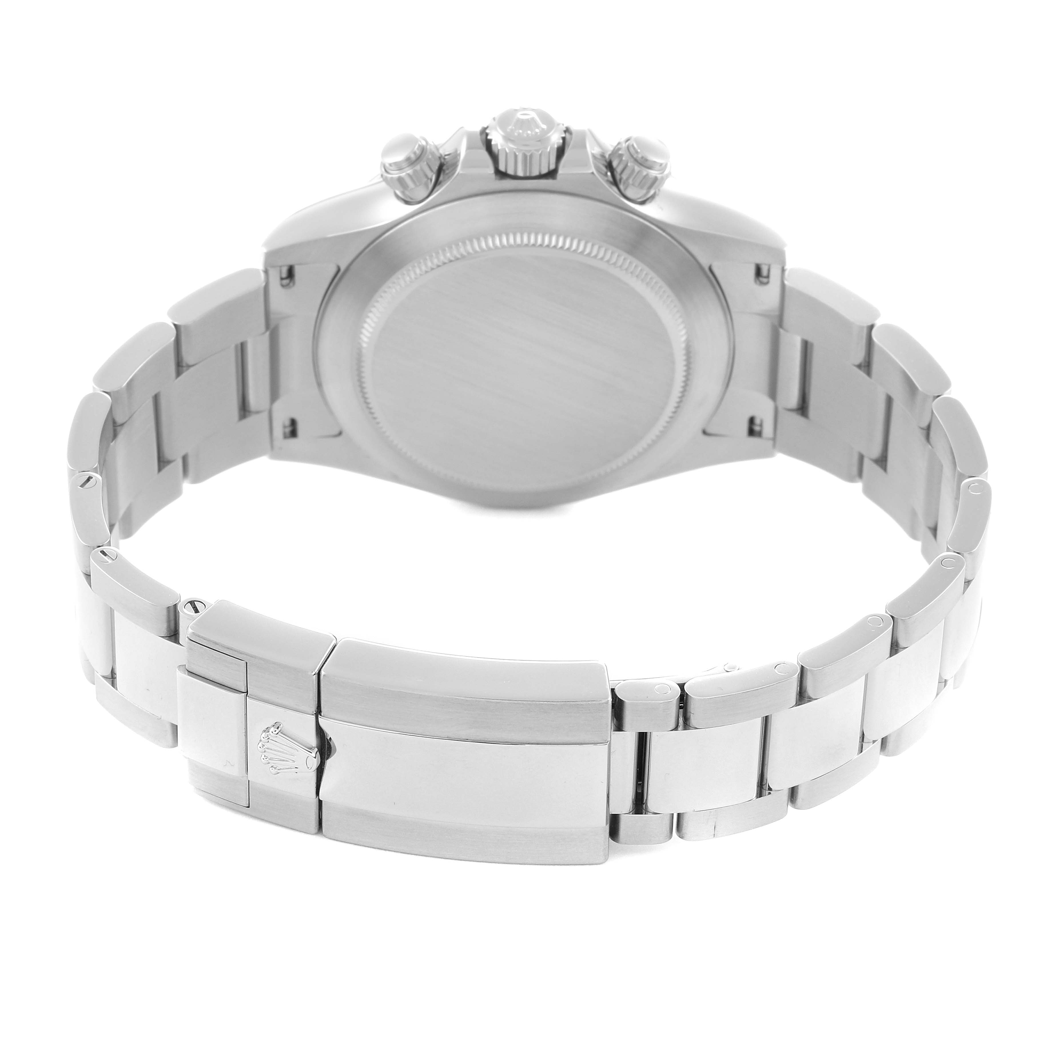 The Rolex Daytona 116520 Men's Stainless Steel Black Dial 116520 Men's Stainless Steel Black Dial is shown from the back, highlighting its clasp, bracelet, and case back.