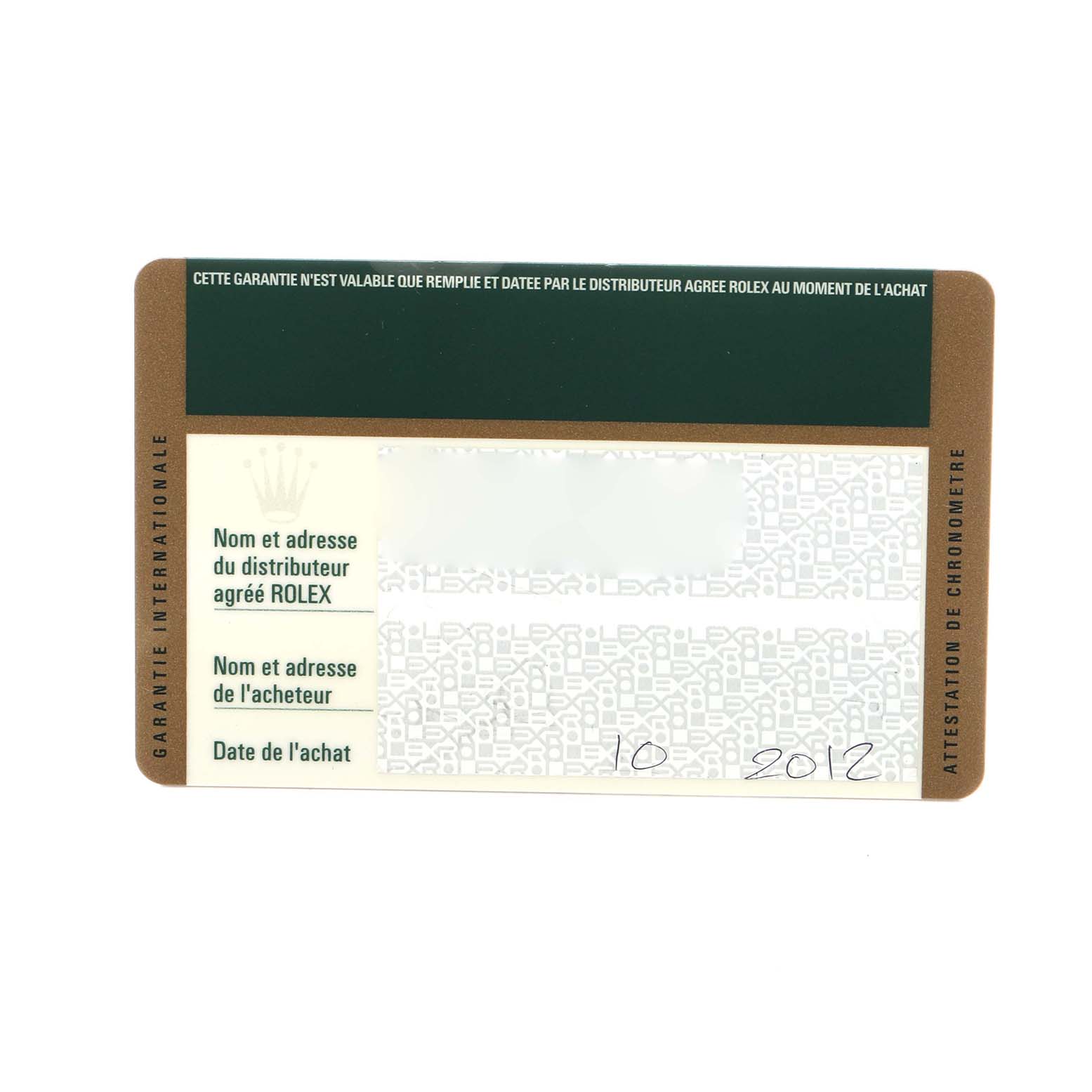 The image shows a Rolex Daytona 116520 Men's Stainless Steel Black Dial 116520 Men's Stainless Steel Black Dial warranty card with distributor and purchase details, viewed from the front.