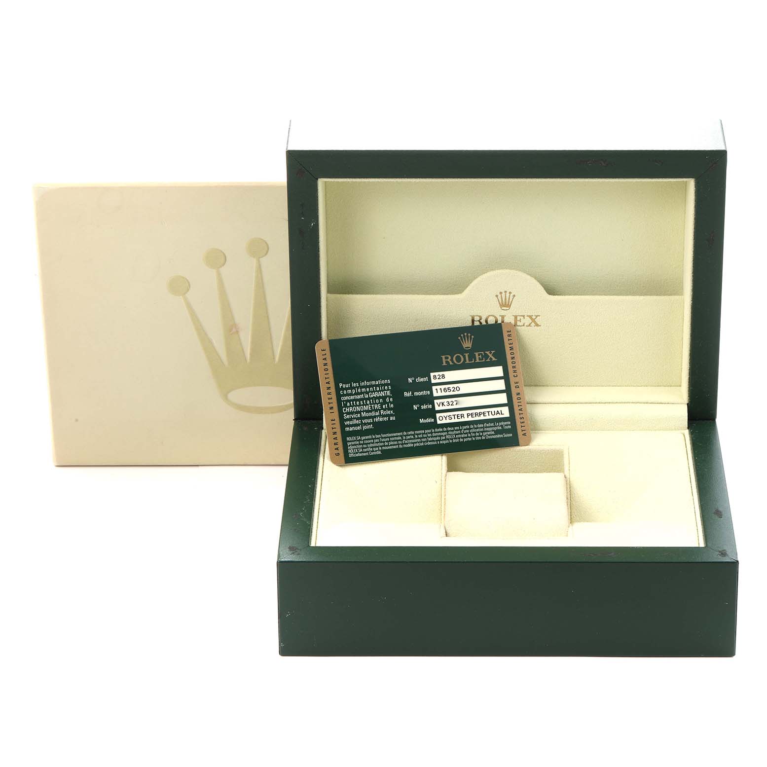 The image shows an open Rolex Daytona 116520 Men's Stainless Steel Black Dial 116520 Men's Stainless Steel Black Dial watch box with a certification card inside the lid.