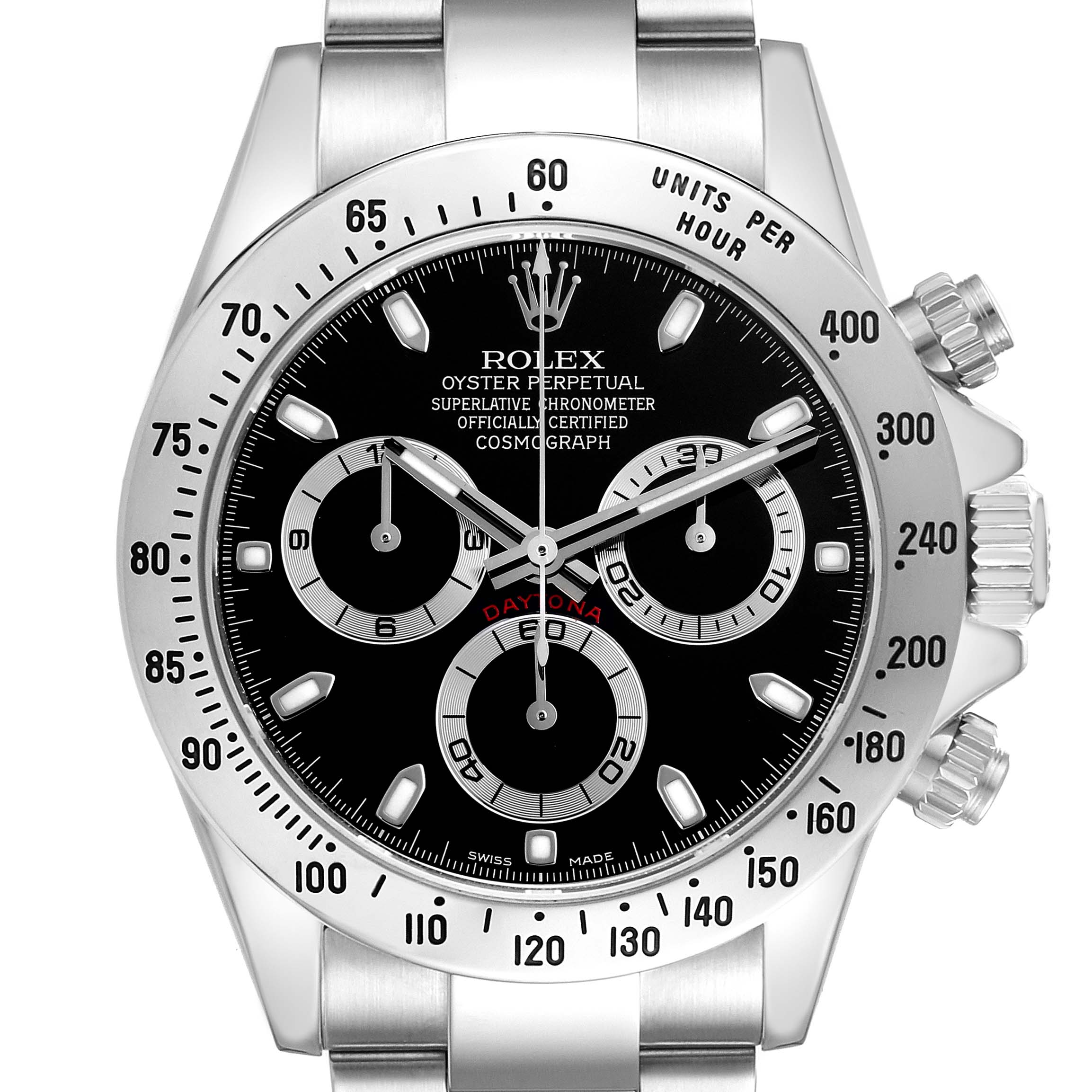 The Rolex Daytona 116520 Men's Stainless Steel Black Dial 116520 Men's Stainless Steel Black Dial watch is shown from a front angle, displaying the dial, bezel, subdials, and part of the bracelet.