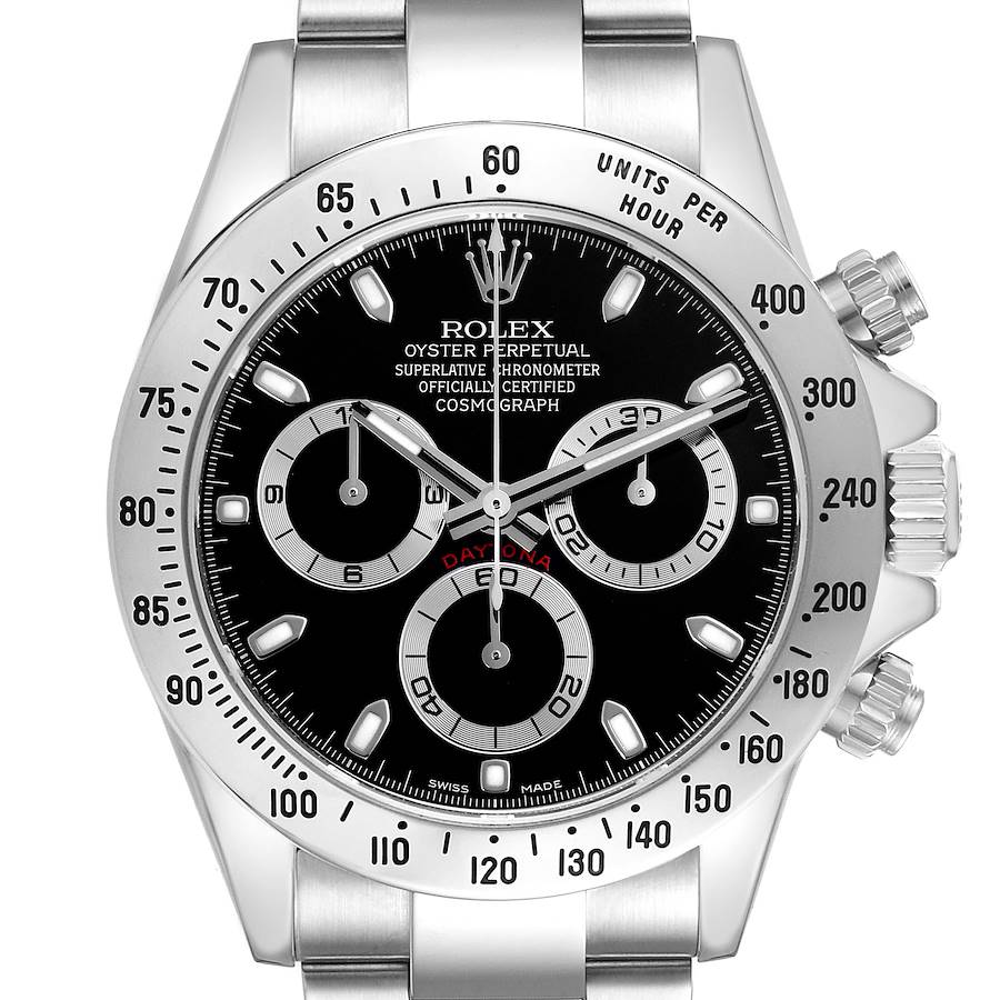 The Rolex Daytona watch is shown from a front angle, displaying the dial, bezel, subdials, and part of the bracelet.