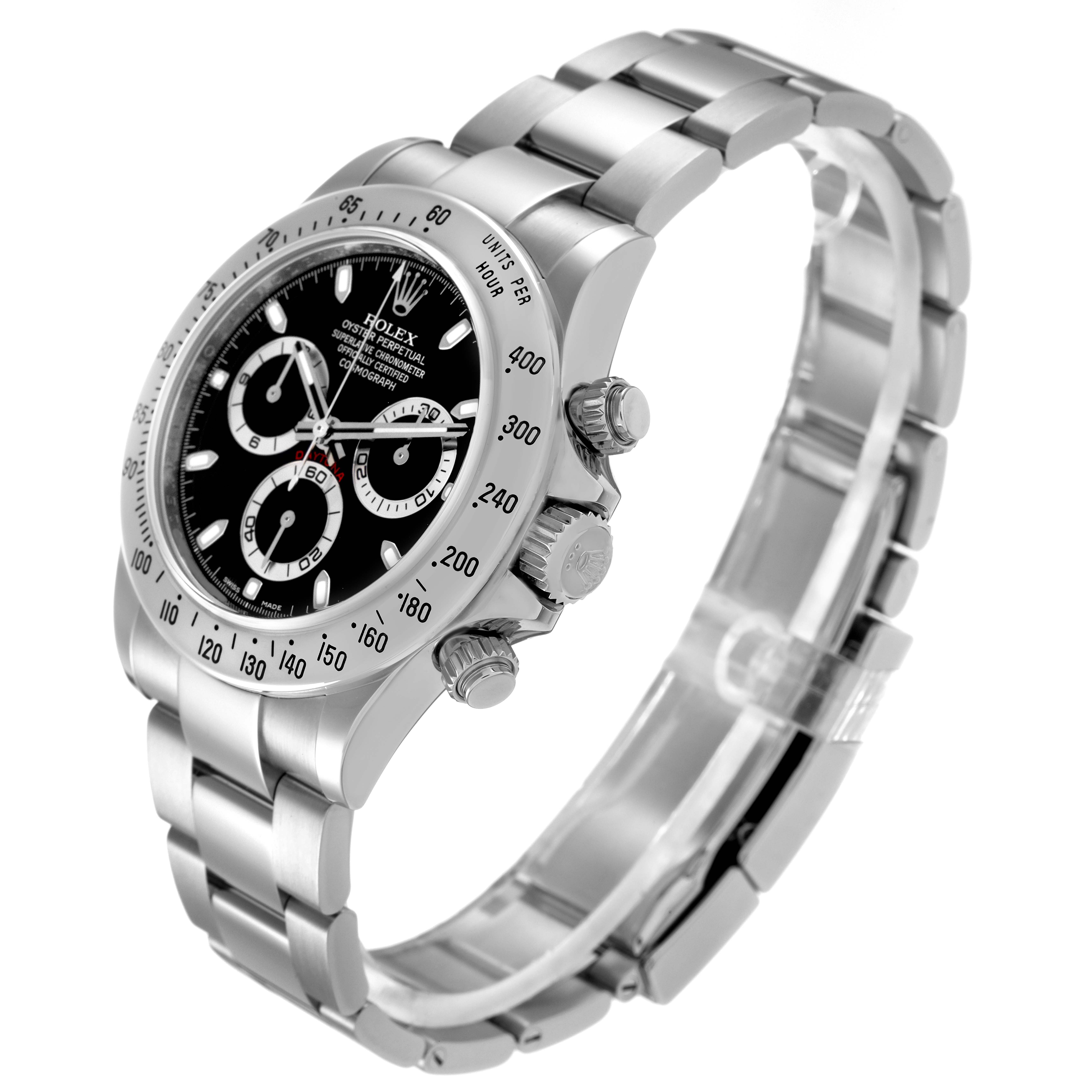 The Rolex Daytona 116520 Men's Stainless Steel Black Dial 116520 Men's Stainless Steel Black Dial watch is shown from an angled side view, highlighting the face, bezel, crown, and bracelet.