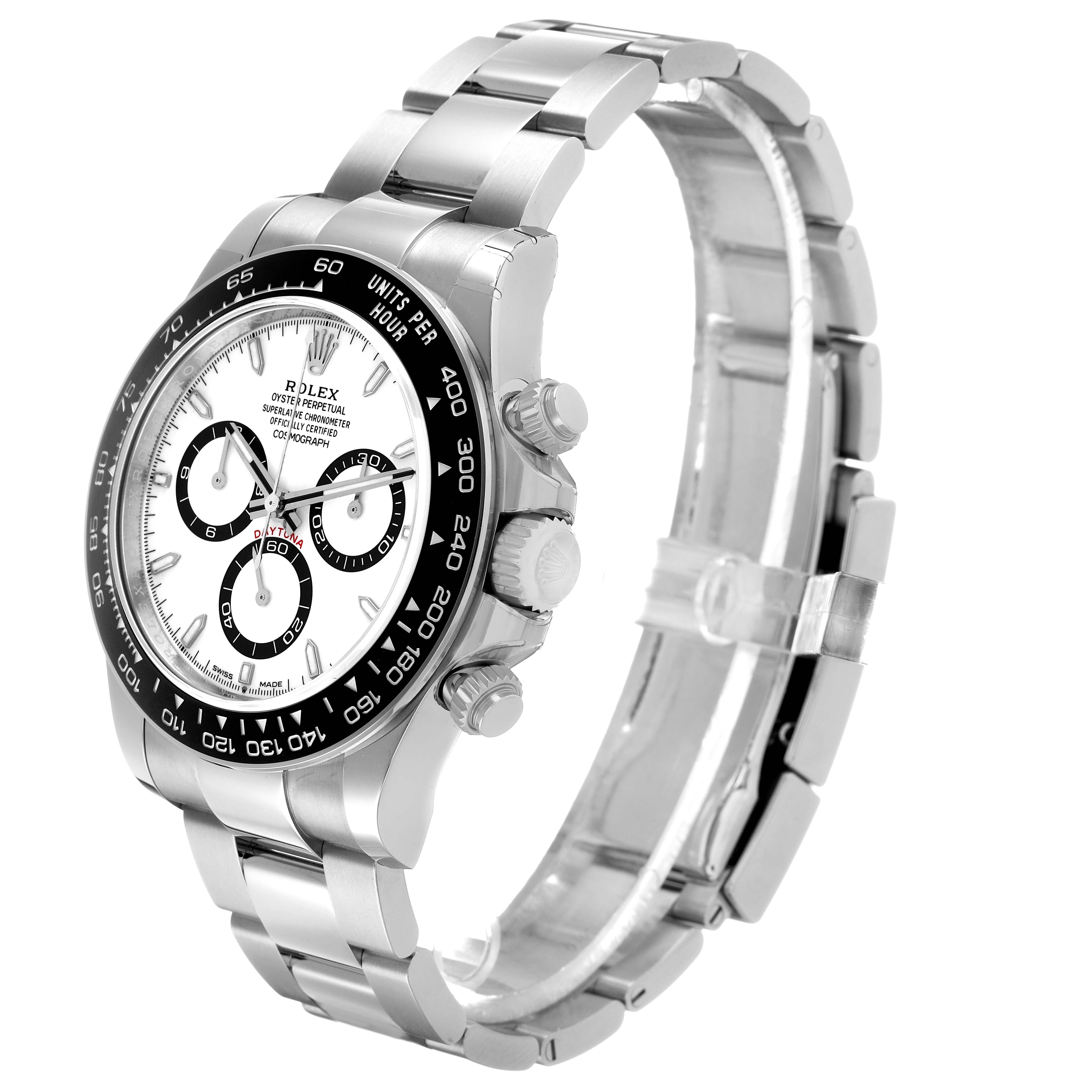 The Rolex Daytona 126500 Men's Stainless Steel White Dial watch is shown at a three-quarter angle, highlighting the face, bezel, side buttons, and bracelet.