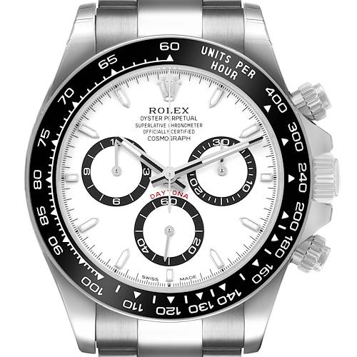 The Rolex Daytona 126500 Men's Stainless Steel White Dial watch is shown from a front angle, highlighting its dial, subdials, bezel, and crown.
