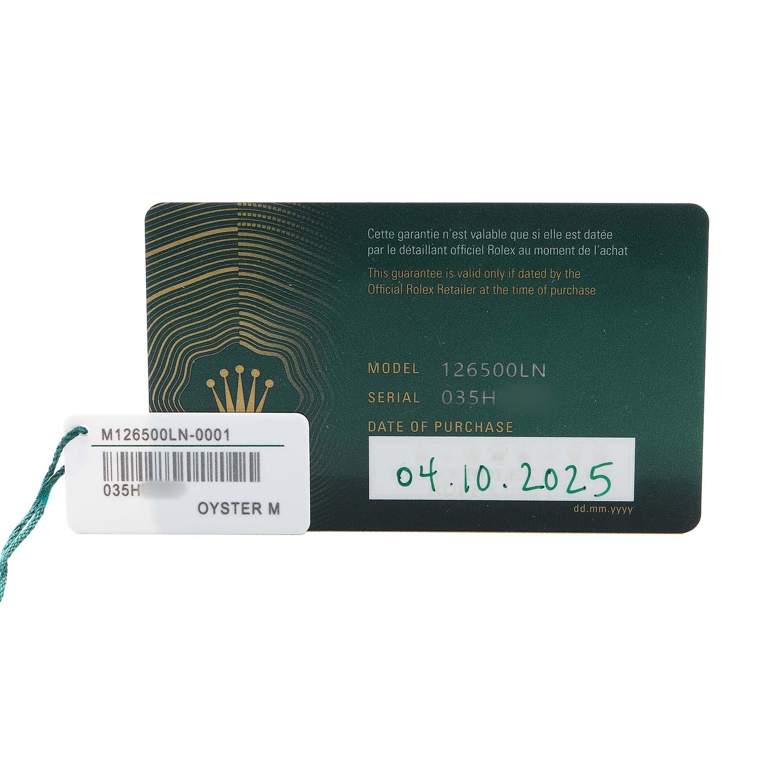 The image shows a Rolex Daytona 126500 Men's Stainless Steel White Dial warranty card and a tag with model and serial numbers.