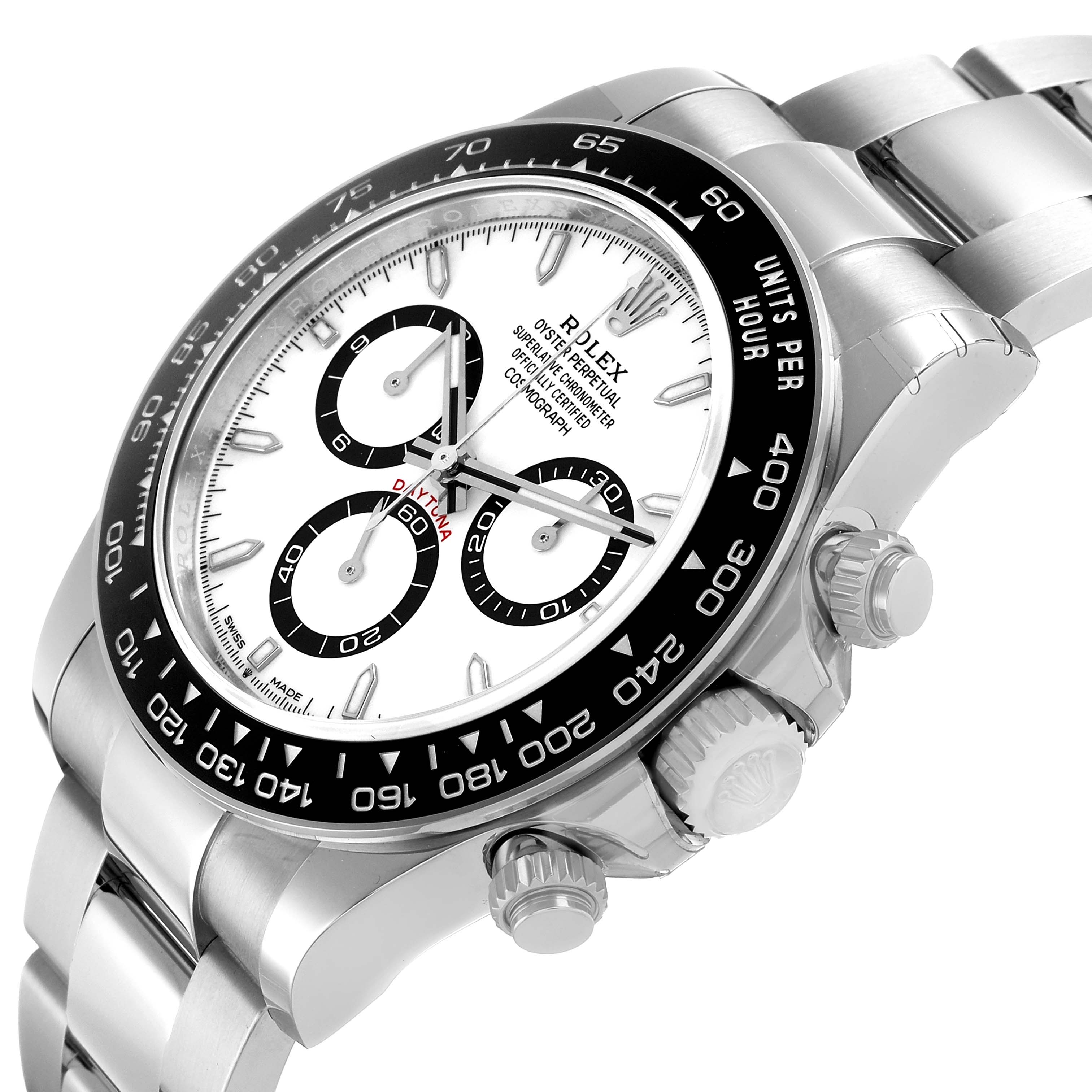 The Rolex Daytona 126500 Men's Stainless Steel White Dial watch is shown at an oblique angle, highlighting the dial, bezel, and side buttons.