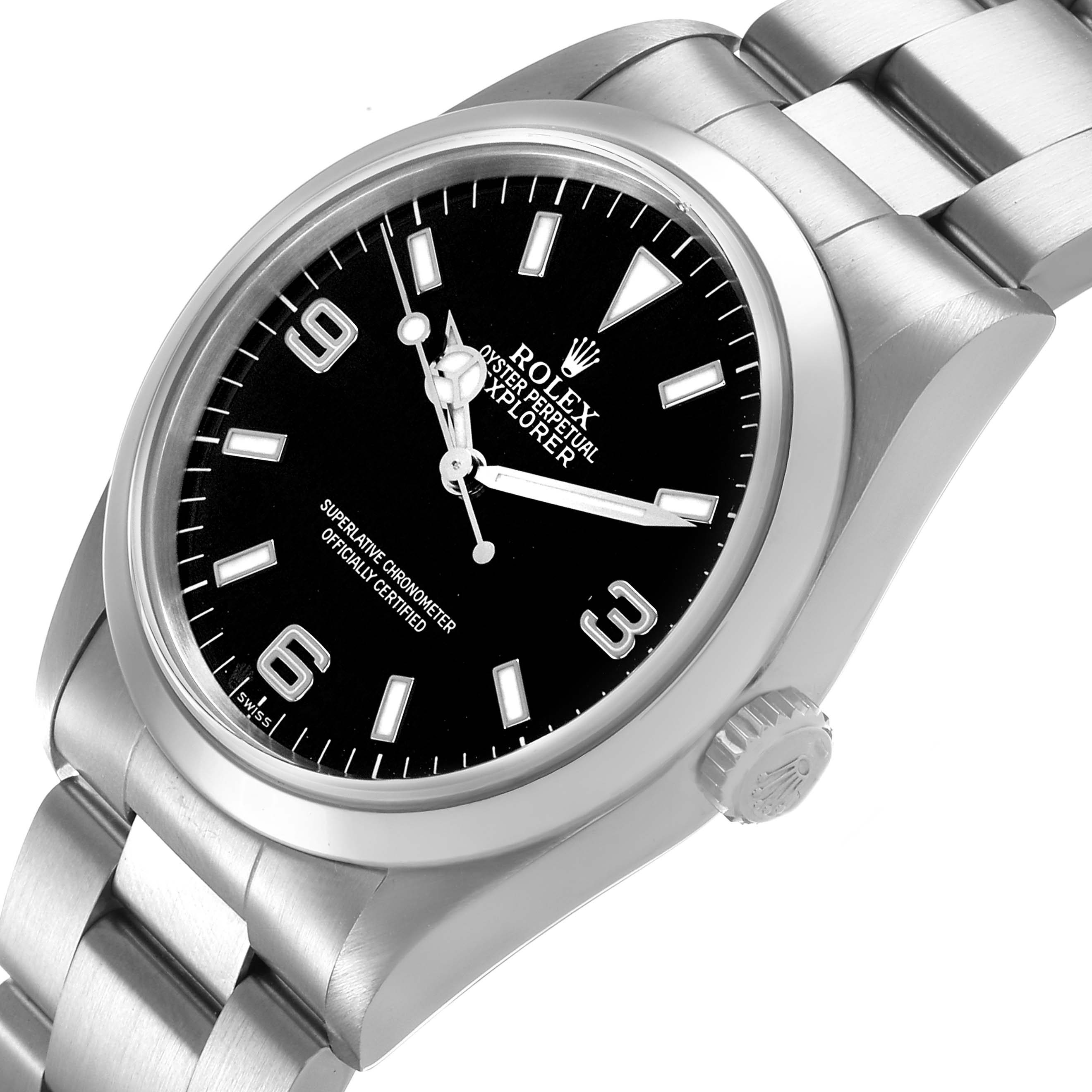 The Rolex Explorer 14270 Men's Stainless Steel Black Dial watch is shown at a slight angle, highlighting the dial, bezel, bracelet, and crown.
