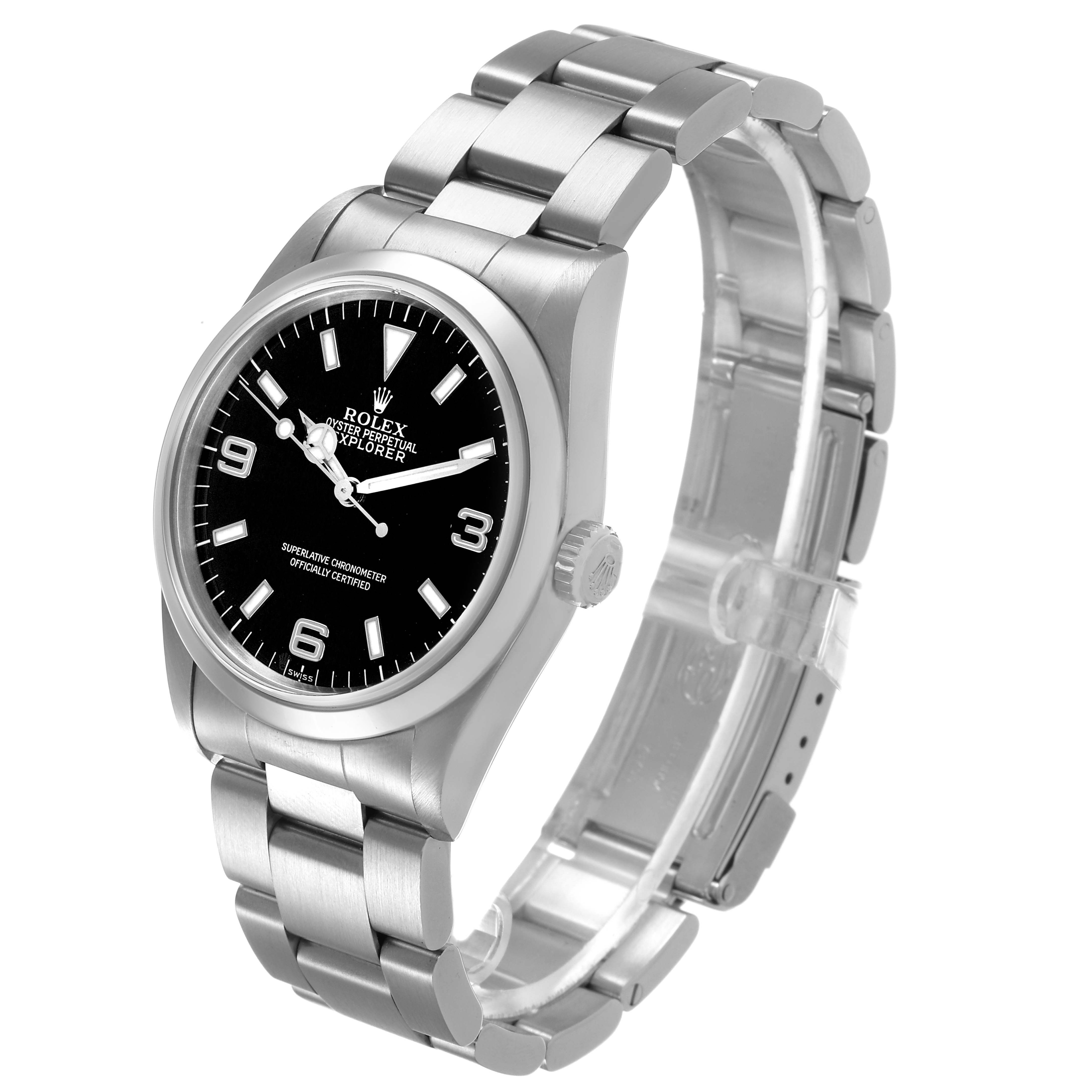 The Rolex Explorer 14270 Men's Stainless Steel Black Dial watch is shown at a slight angle, highlighting the dial, bezel, crown, and bracelet.