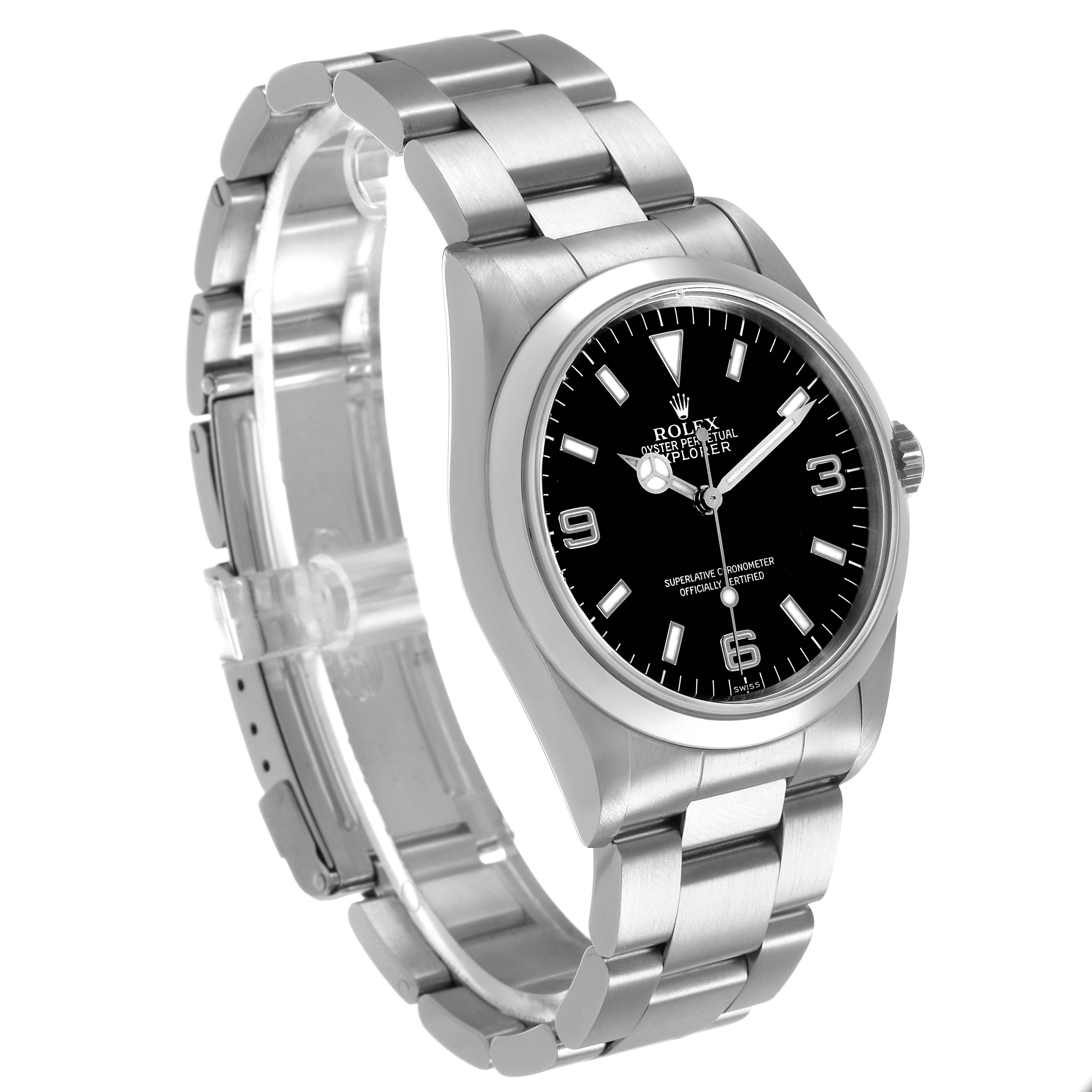 The Rolex Explorer 14270 Men's Stainless Steel Black Dial watch is shown at a three-quarter angle, highlighting its stainless steel case, black dial, and bracelet.