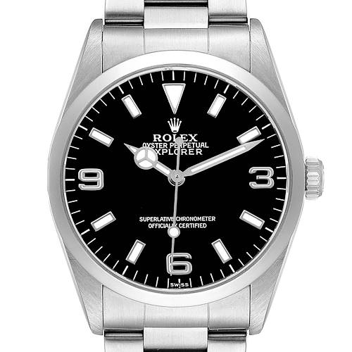 The Rolex Explorer 14270 Men's Stainless Steel Black Dial watch is shown from a front angle, displaying the dial, case, crown, and partial bracelet.