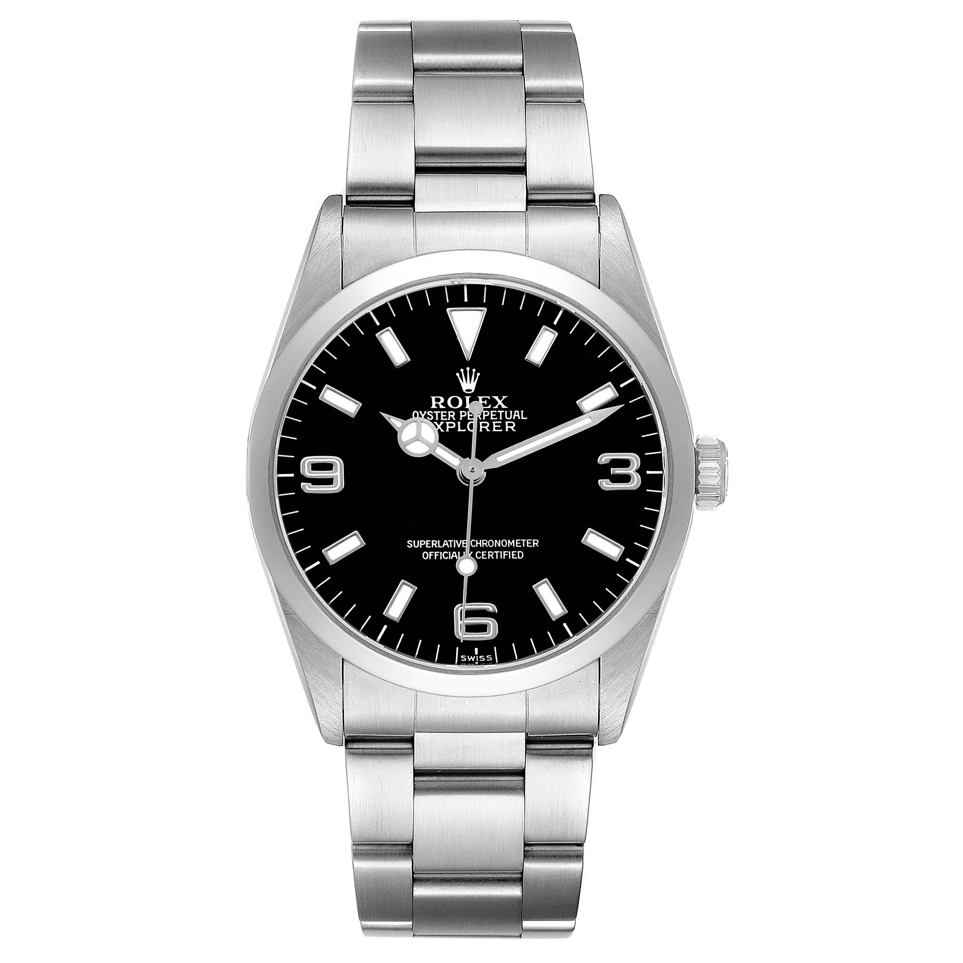 The Rolex Explorer 14270 Men's Stainless Steel Black Dial watch is shown from a front angle, highlighting its black dial, silver indices, and stainless steel bracelet.