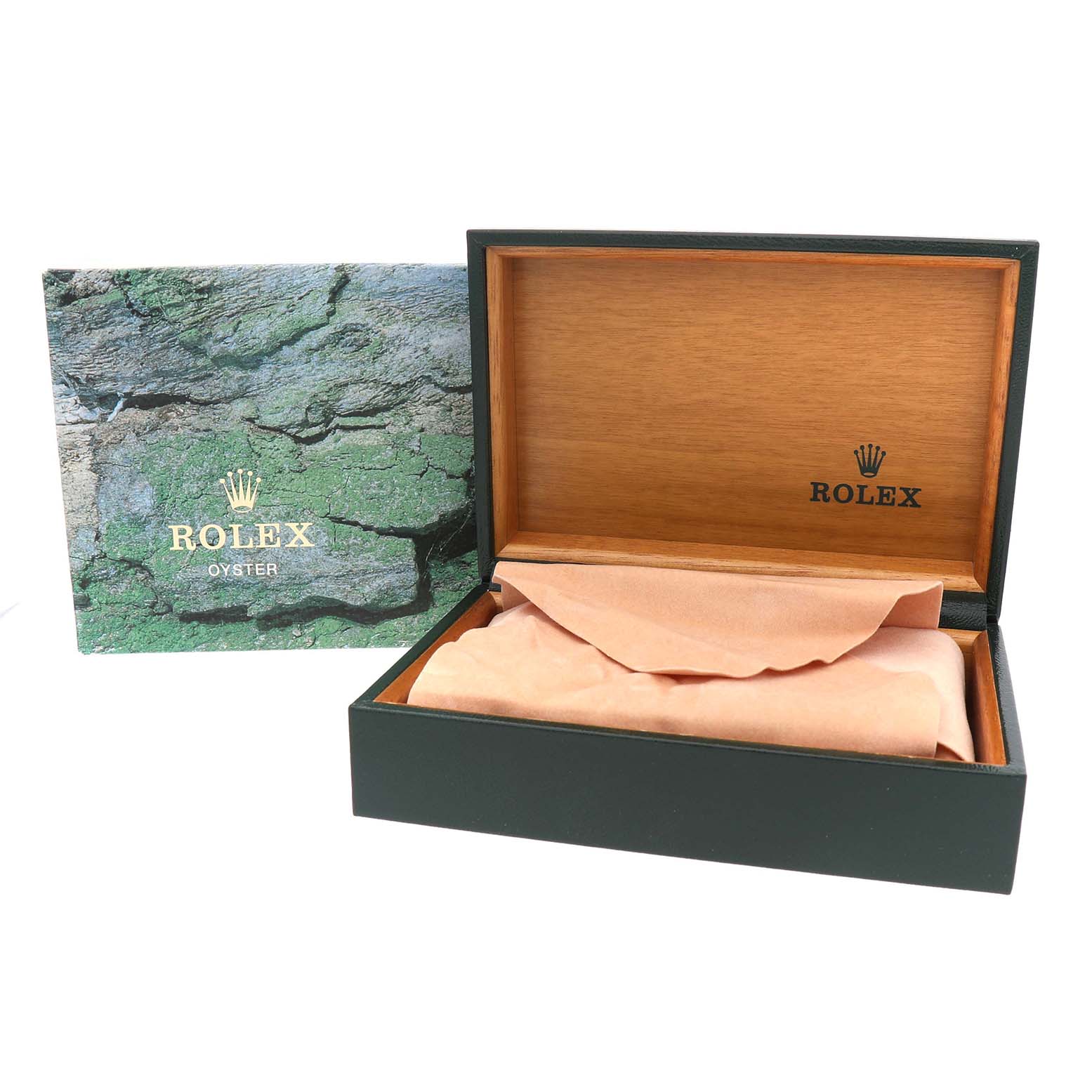 The image shows an open Rolex Explorer 14270 Men's Stainless Steel Black Dial box with the outer packaging, displaying the brand's logo inside the lid.