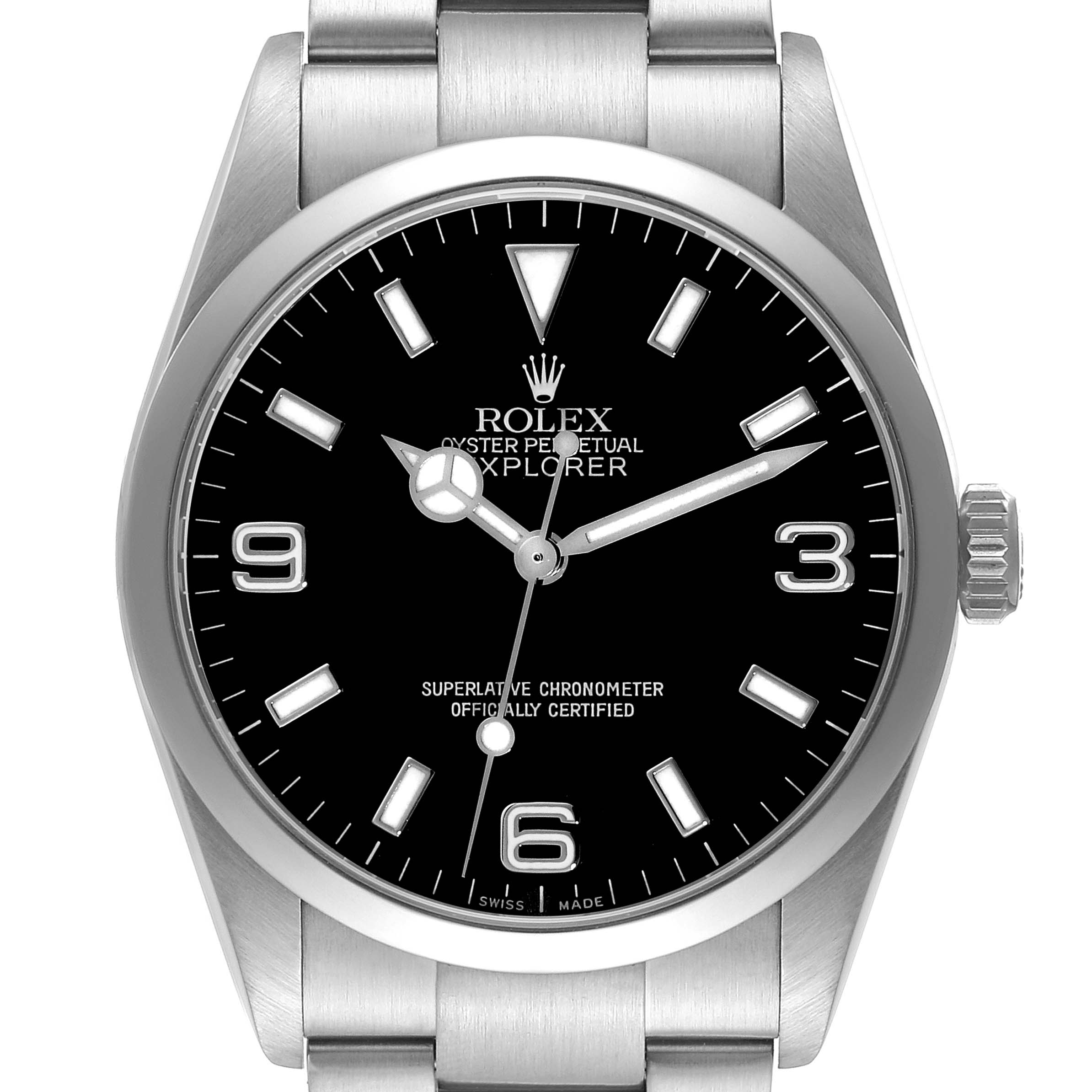 This Rolex Explorer 114270 Men
s Stainless Steel Black Dial 114270 Men
s Stainless Steel Black Dial watch is shown from a straight-on angle, highlighting the dial, hands, bezel, and part of the bracelet.