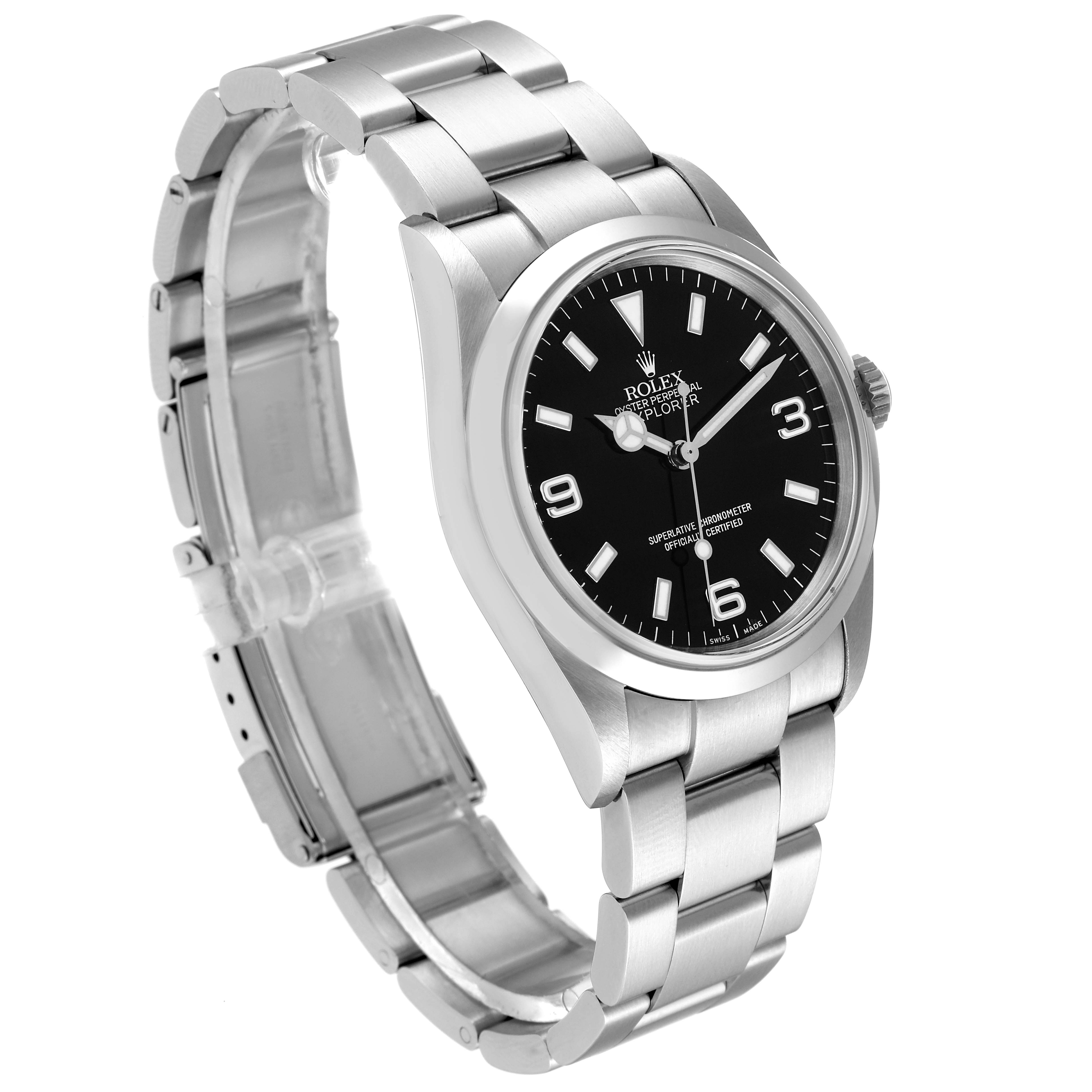 The image shows a Rolex Explorer 114270 Men
s Stainless Steel Black Dial 114270 Men
s Stainless Steel Black Dial watch at a slight angle from the front, displaying the dial, bracelet, and clasp.