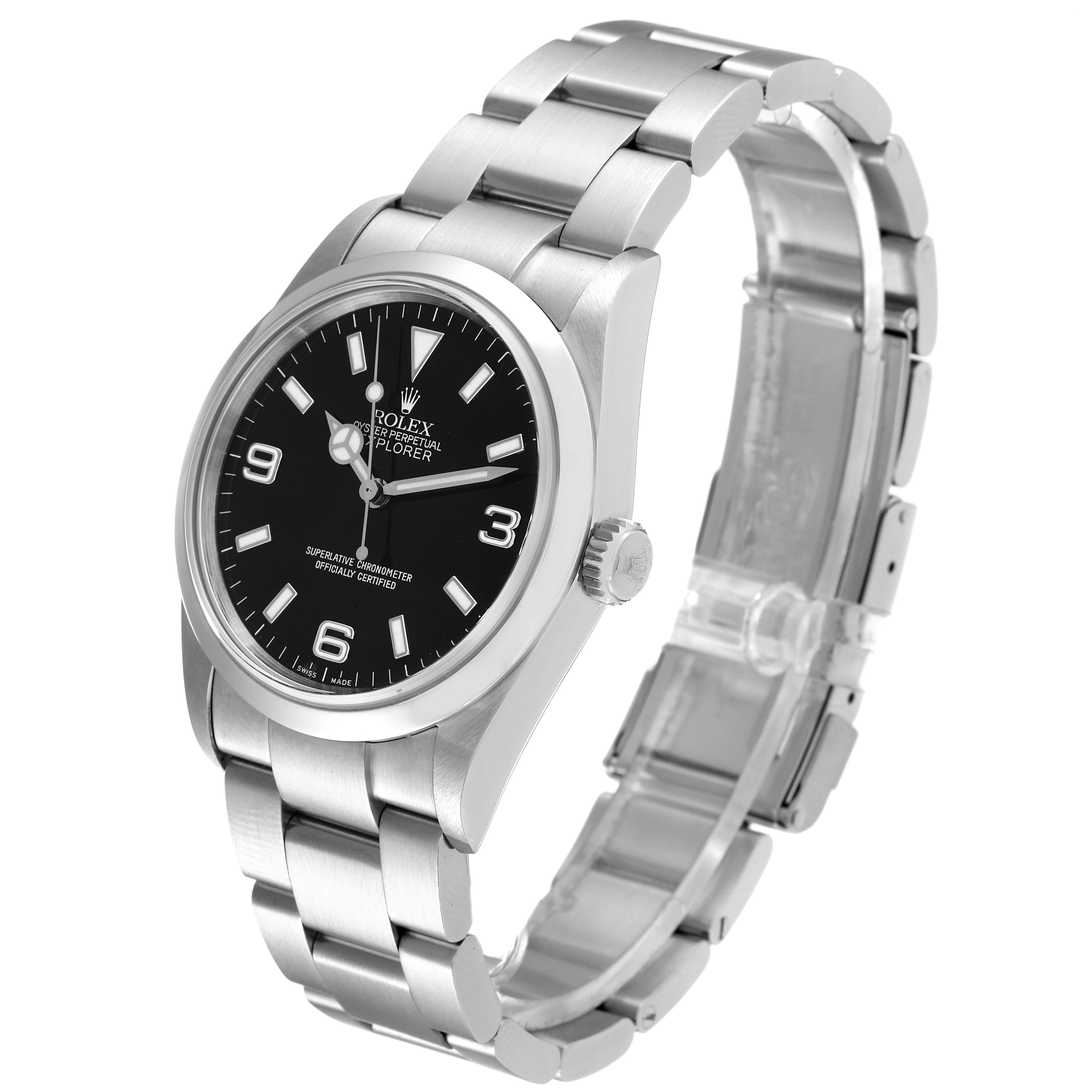 The Rolex Explorer 114270 Men
s Stainless Steel Black Dial 114270 Men
s Stainless Steel Black Dial watch is shown at an angle displaying the face, crown, and bracelet links.