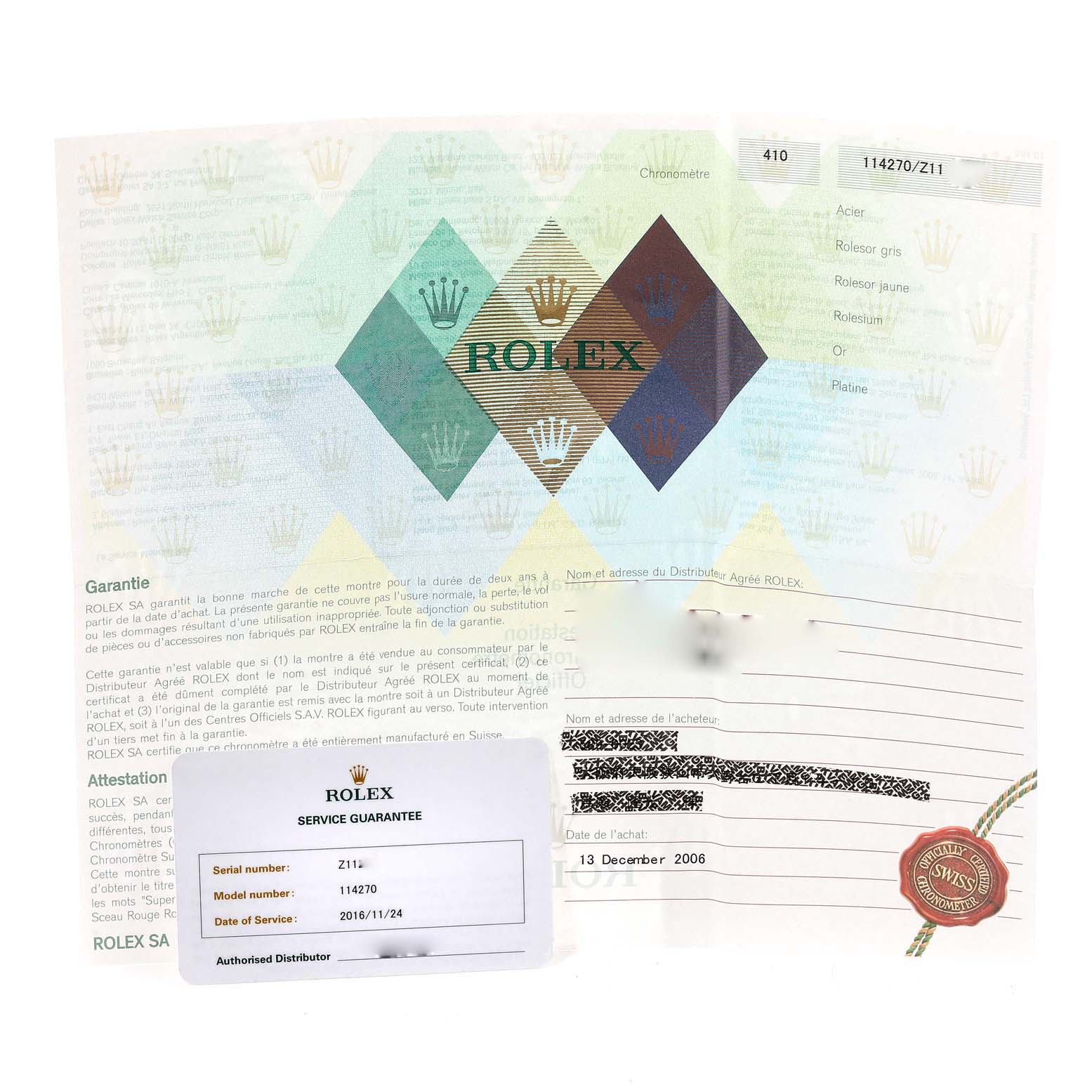 This image shows the guarantee and service card for a Rolex Explorer 114270 Men
s Stainless Steel Black Dial 114270 Men
s Stainless Steel Black Dial model 114270 watch.