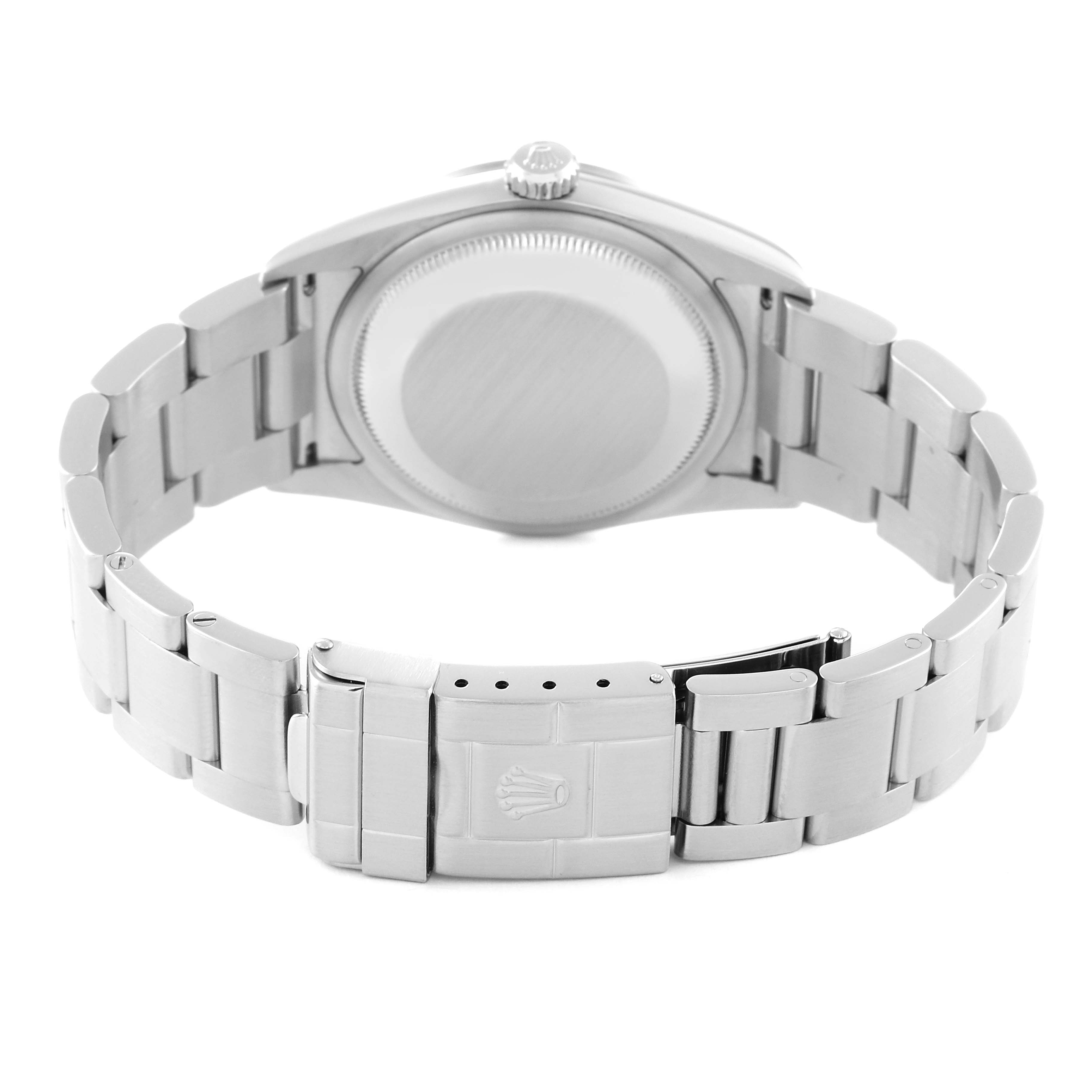 This image shows the back and bracelet clasp of a Rolex Explorer 114270 Men
s Stainless Steel Black Dial 114270 Men
s Stainless Steel Black Dial watch at a rear view angle.