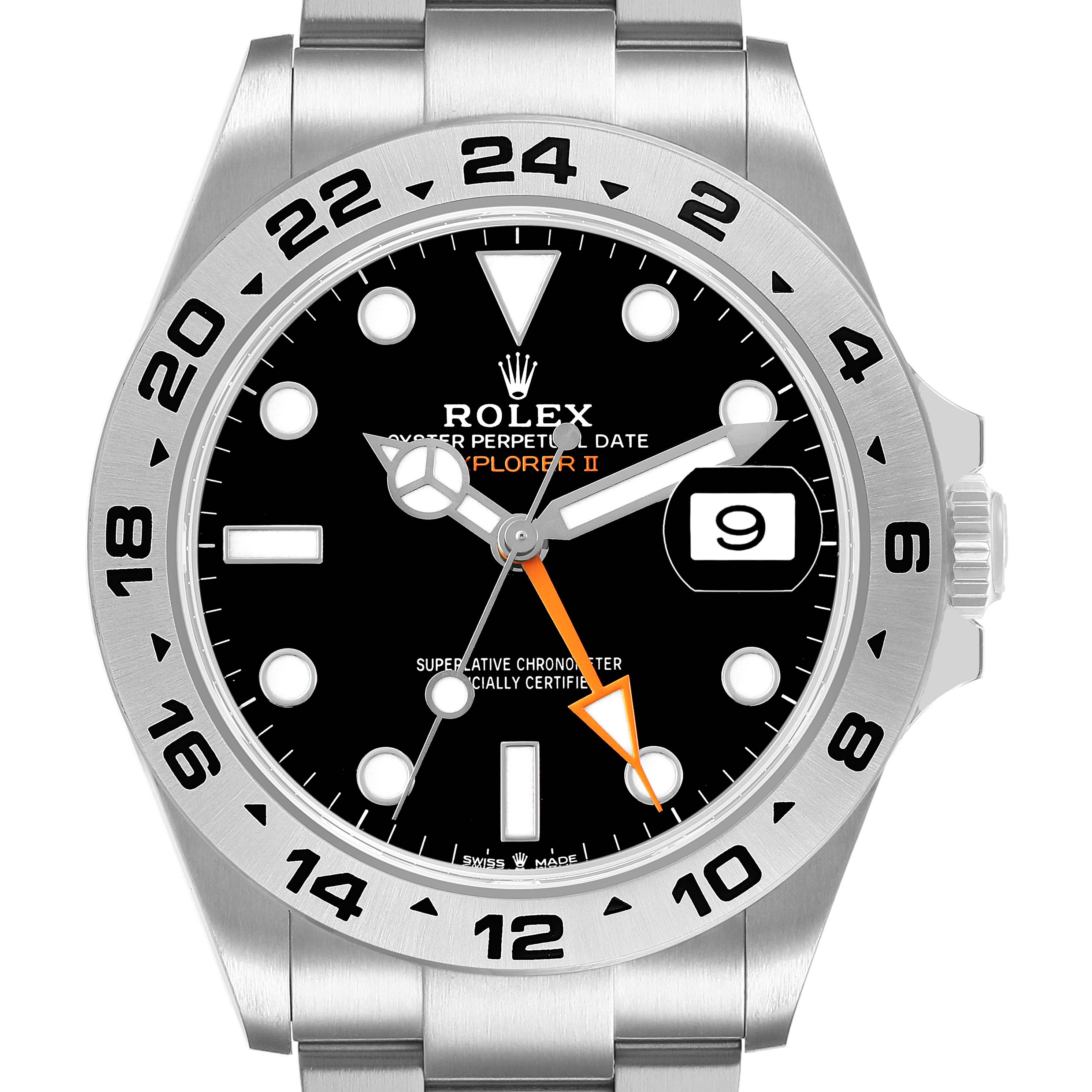 The Rolex Explorer 226570 Men's Stainless Steel Black Dial model is shown from a front angle, highlighting the dial, bezel, and bracelet.