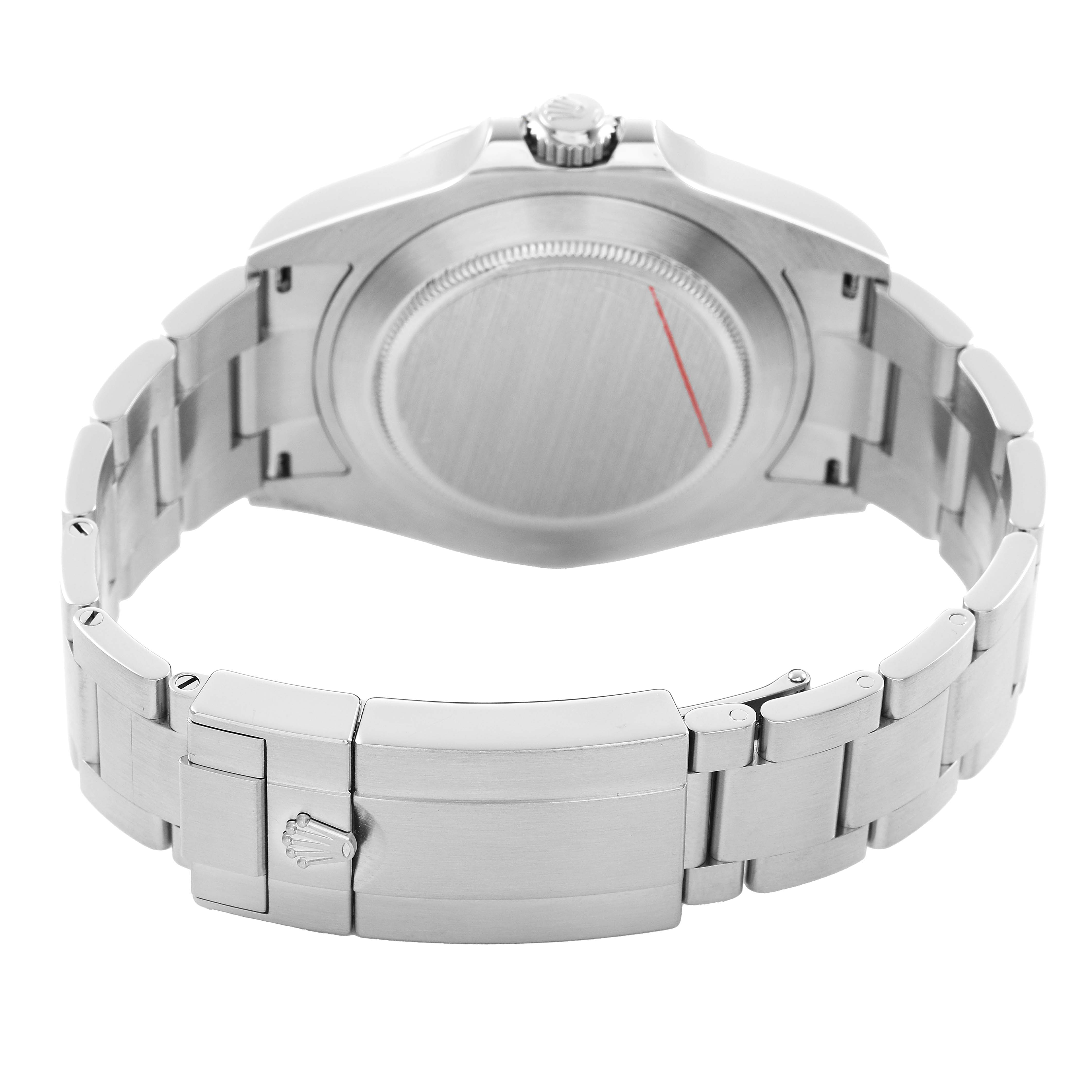 The image shows the back and clasp of the Rolex Explorer 226570 Men's Stainless Steel Black Dial watch, highlighting its bracelet and crown.