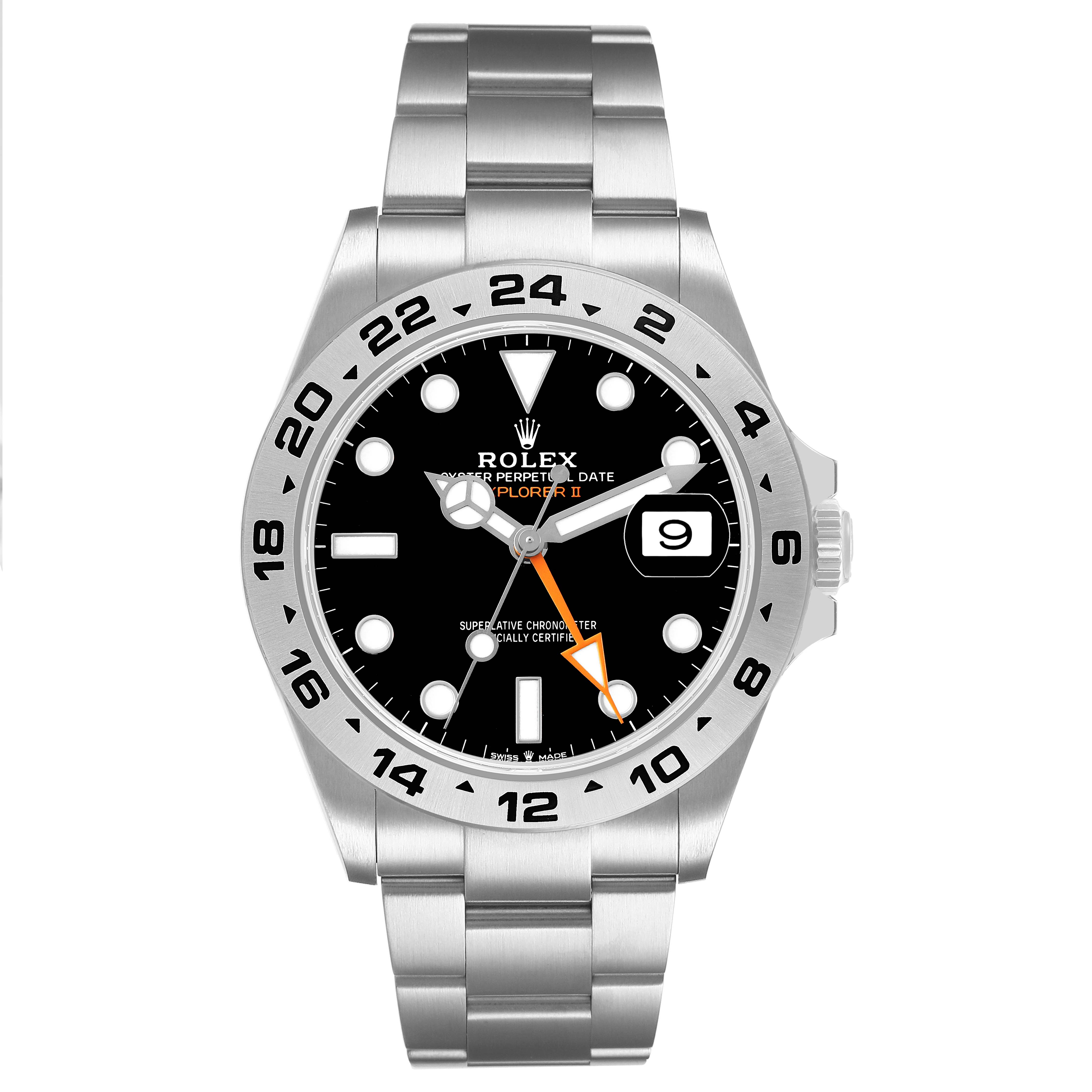The Rolex Explorer 226570 Men's Stainless Steel Black Dial watch is shown from the front, featuring a stainless steel bracelet, bezel, and the black dial with date and hands.