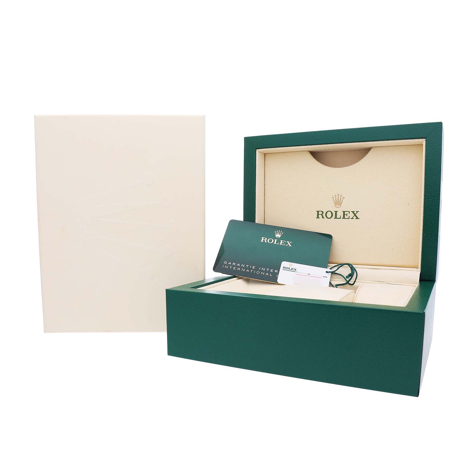 The image shows the box and warranty card for a Rolex Explorer 226570 Men's Stainless Steel Black Dial watch, with the box open and card displayed in front.