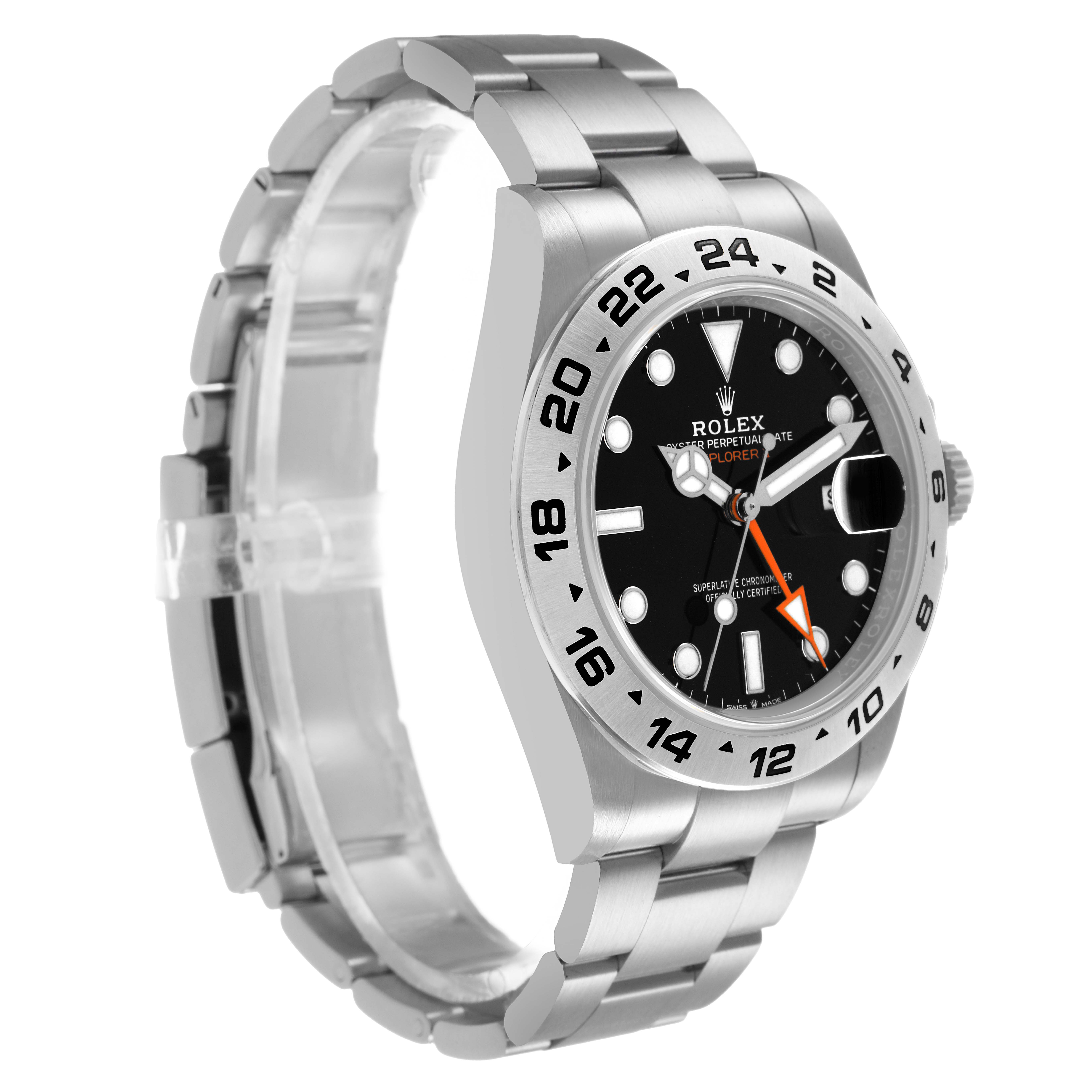 The Rolex Explorer 226570 Men's Stainless Steel Black Dial watch is shown from a front-left angle, featuring the dial, bezel, and bracelet clearly.