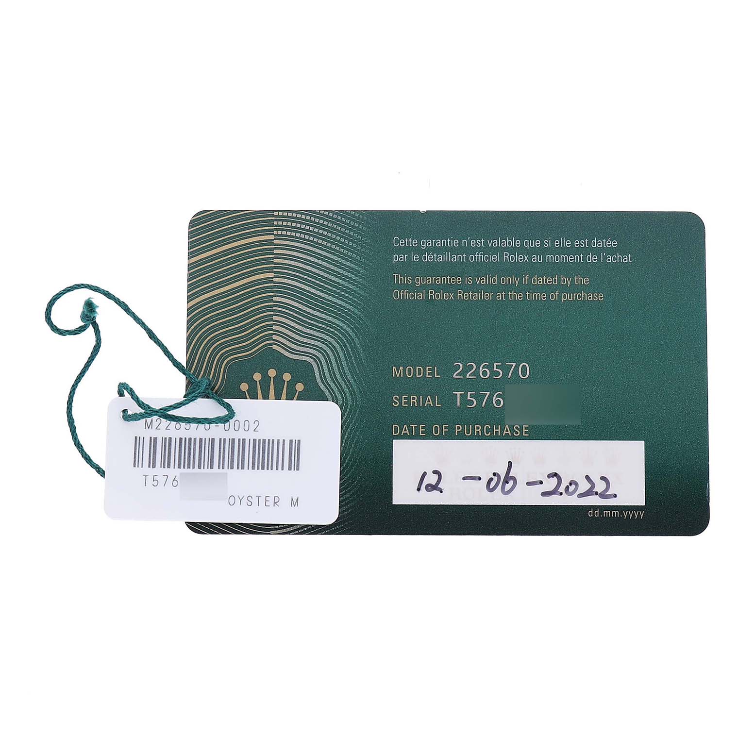 The image shows a Rolex Explorer 226570 Men's Stainless Steel Black Dial model 226570 warranty card with a tag attached.