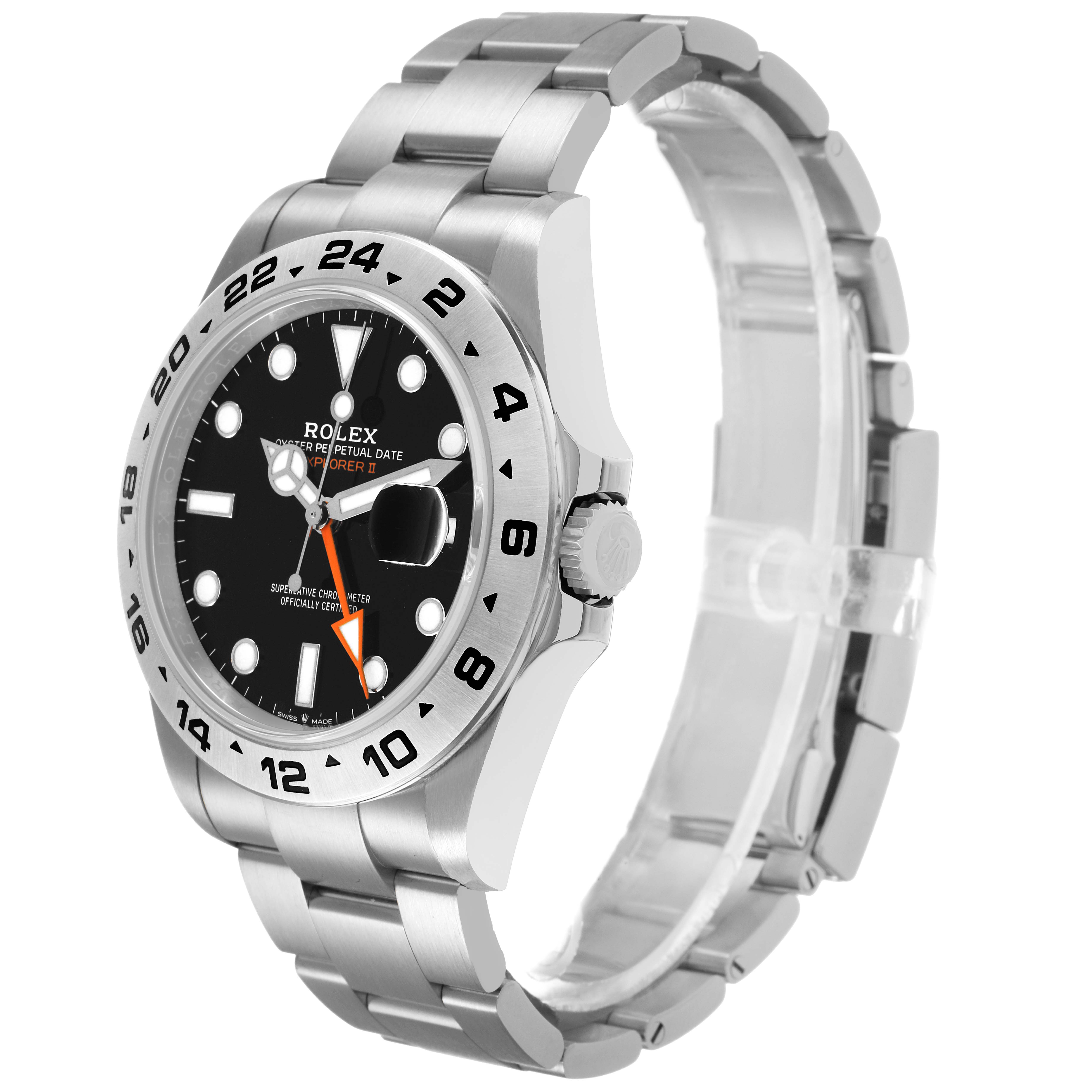 The Rolex Explorer 226570 Men's Stainless Steel Black Dial model watch is shown at a three-quarter angle, highlighting the face, bezel, and bracelet.