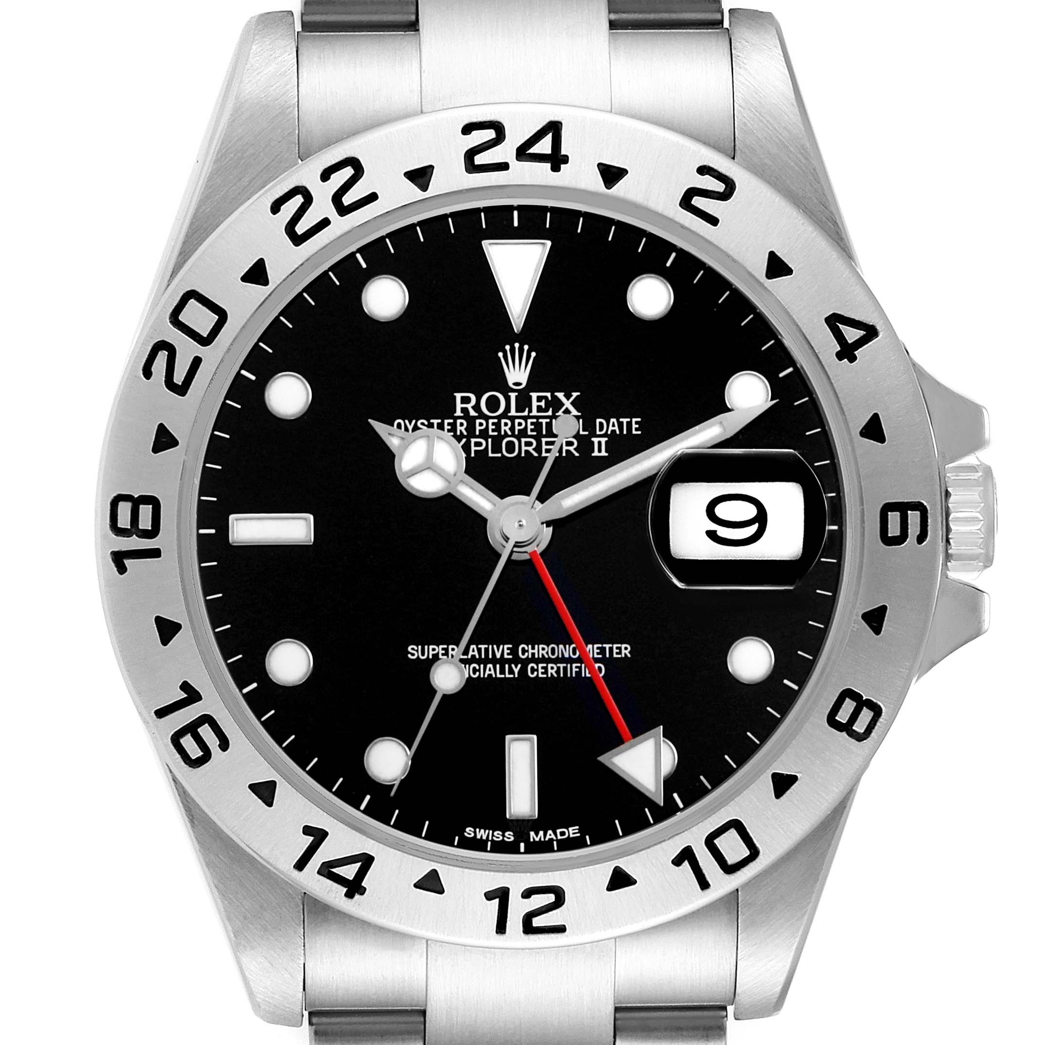 The Rolex Explorer 16570 T Men's Stainless Steel Black Dial model watch is shown from a front angle, highlighting the dial, bezel, and part of the bracelet.