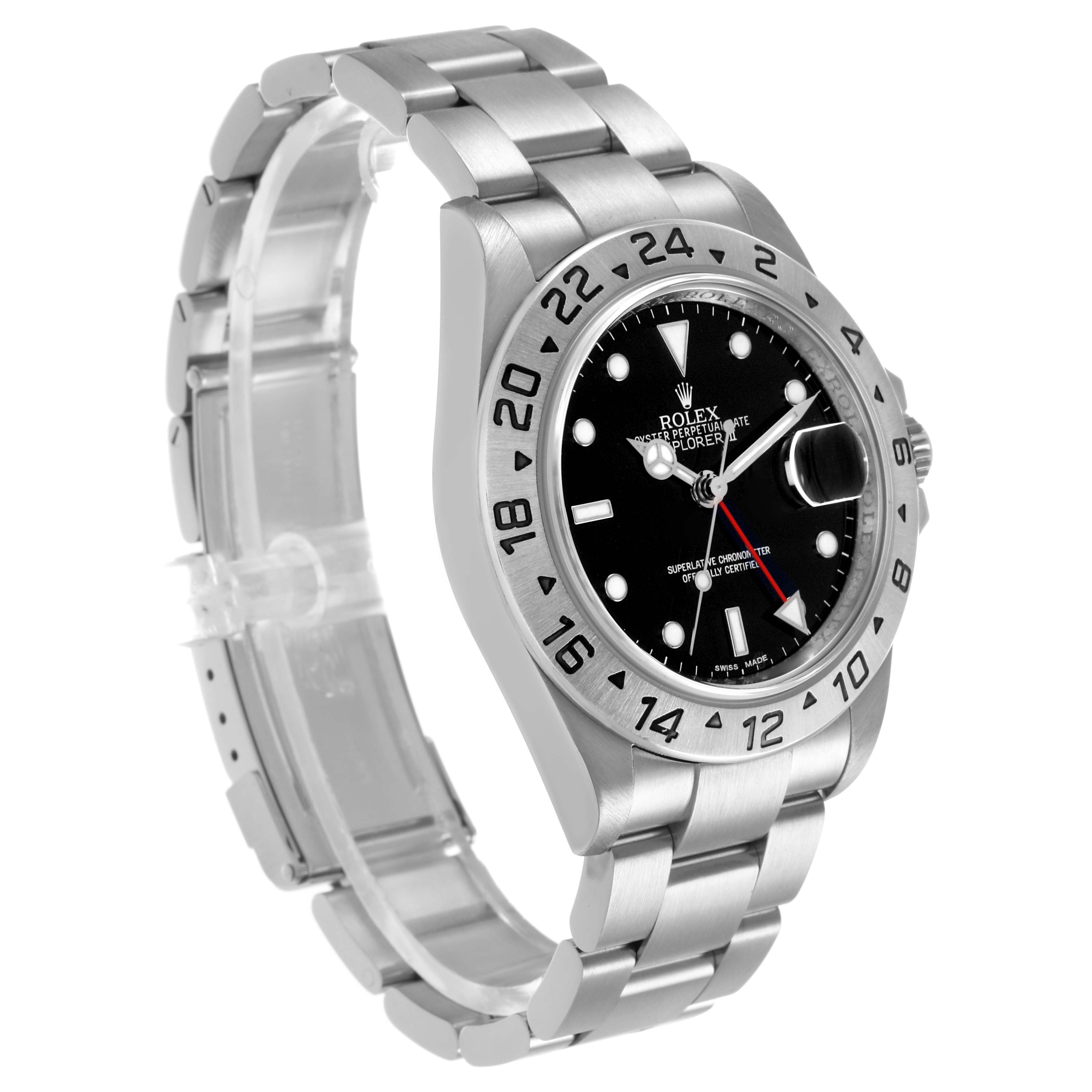 The Rolex Explorer 16570 T Men's Stainless Steel Black Dial watch is shown at a three-quarter angle displaying the face, bezel, and bracelet.