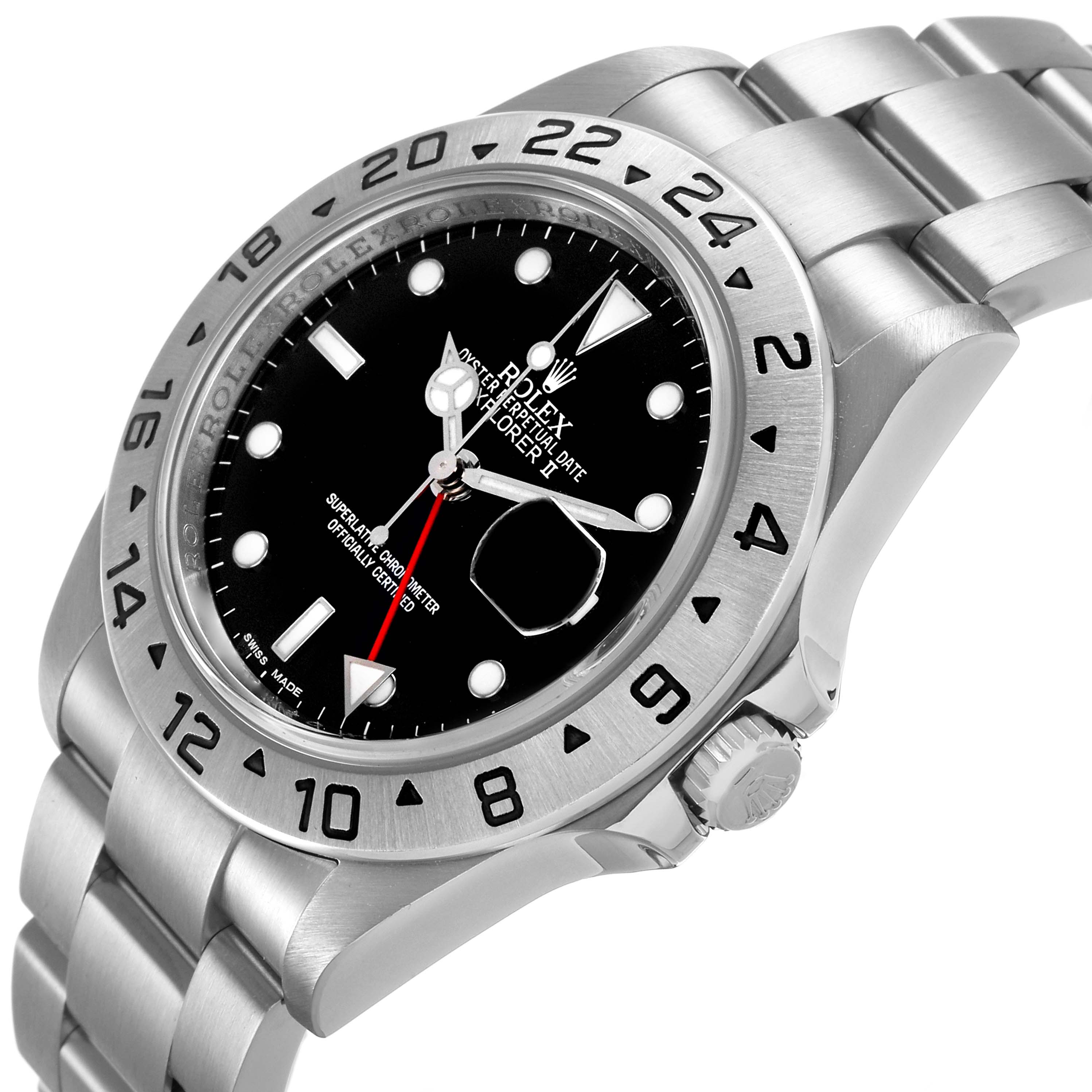 The Rolex Explorer 16570 T Men's Stainless Steel Black Dial watch is shown from an angled view, highlighting the bezel, dial, crown, and bracelet.