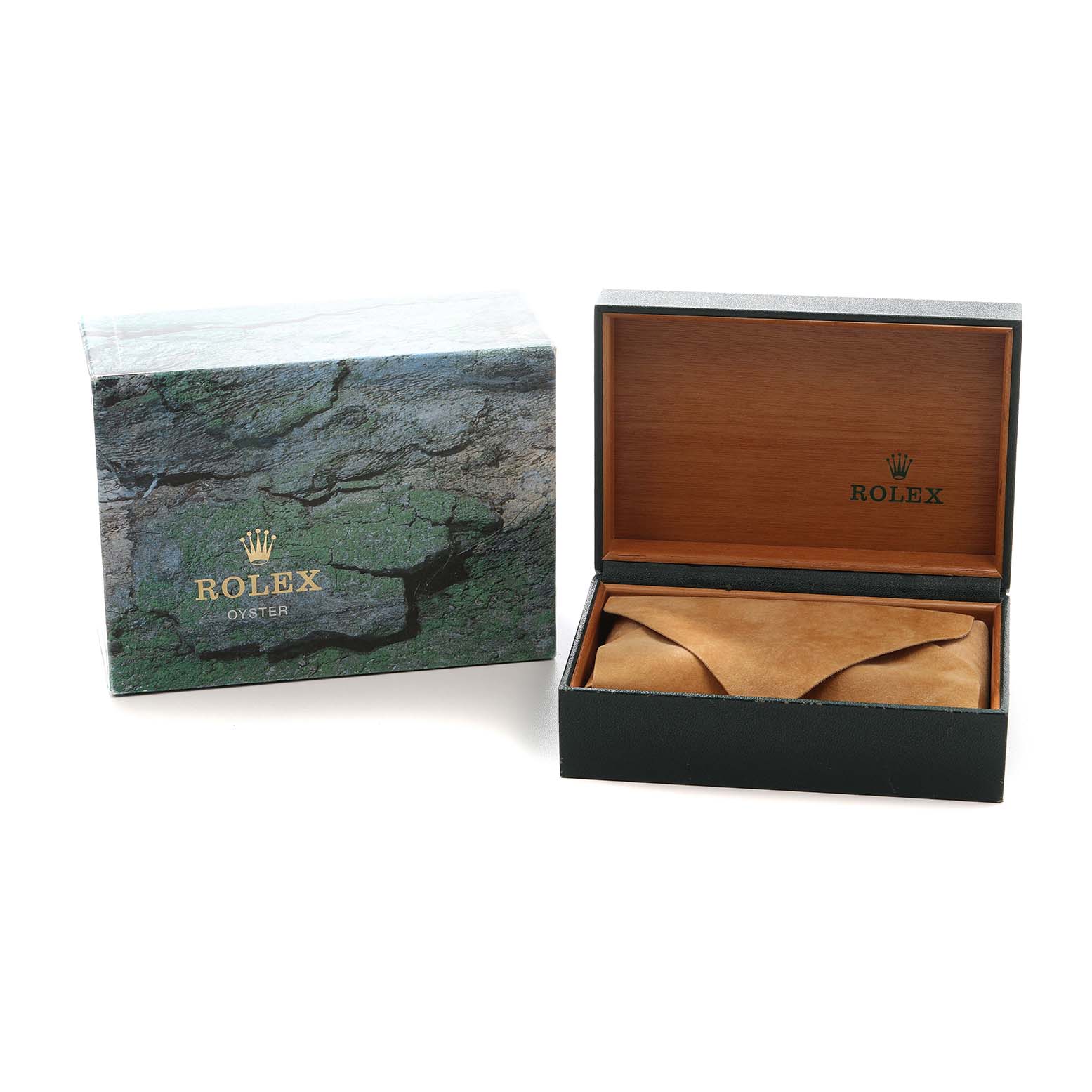 The image shows the packaging box and open case of a Rolex Explorer 16570 T Men's Stainless Steel Black Dial model, without the watch visible.