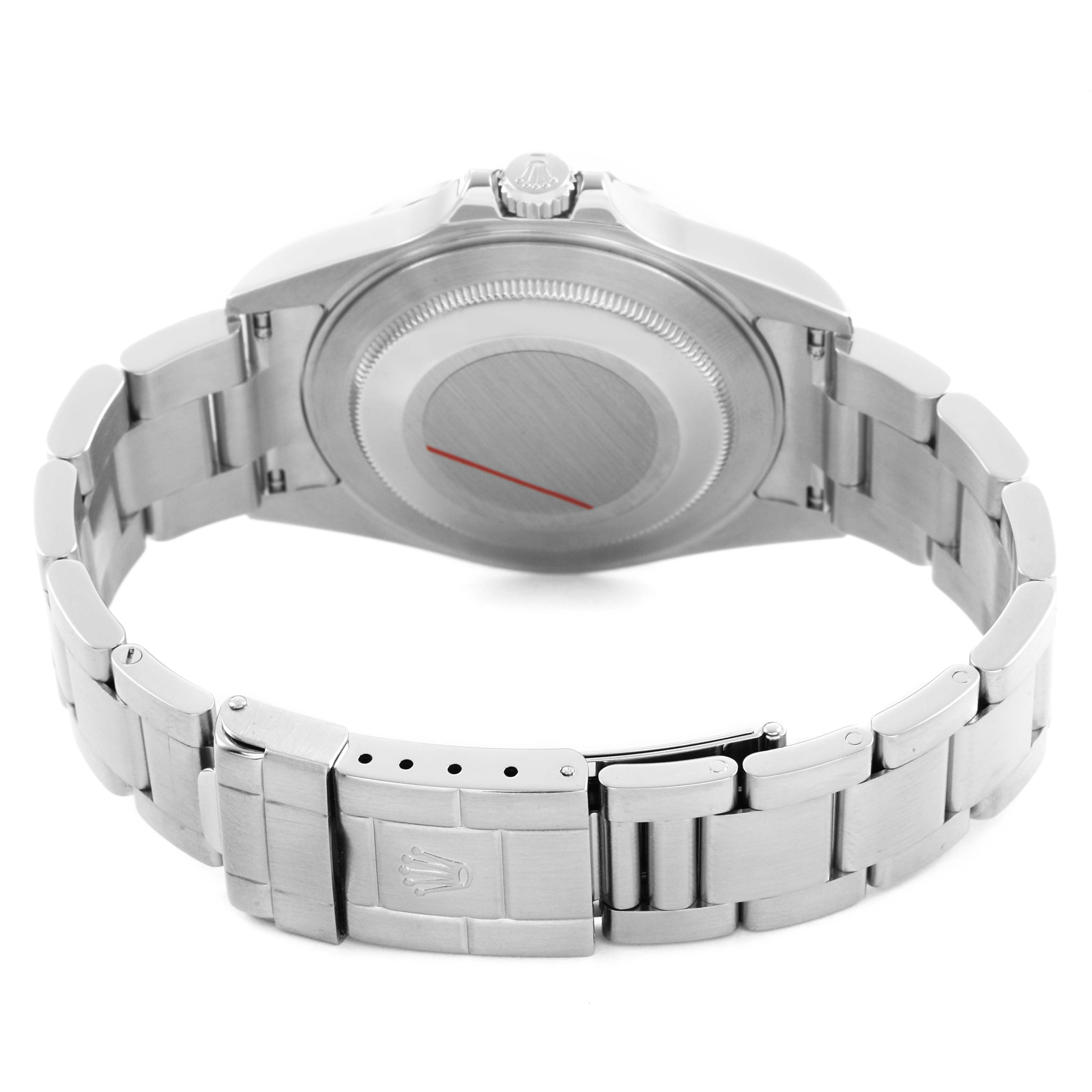 The image shows the back of the Rolex Explorer 16570 T Men's Stainless Steel Black Dial watch, focusing on the case back, crown, and bracelet with the clasp.