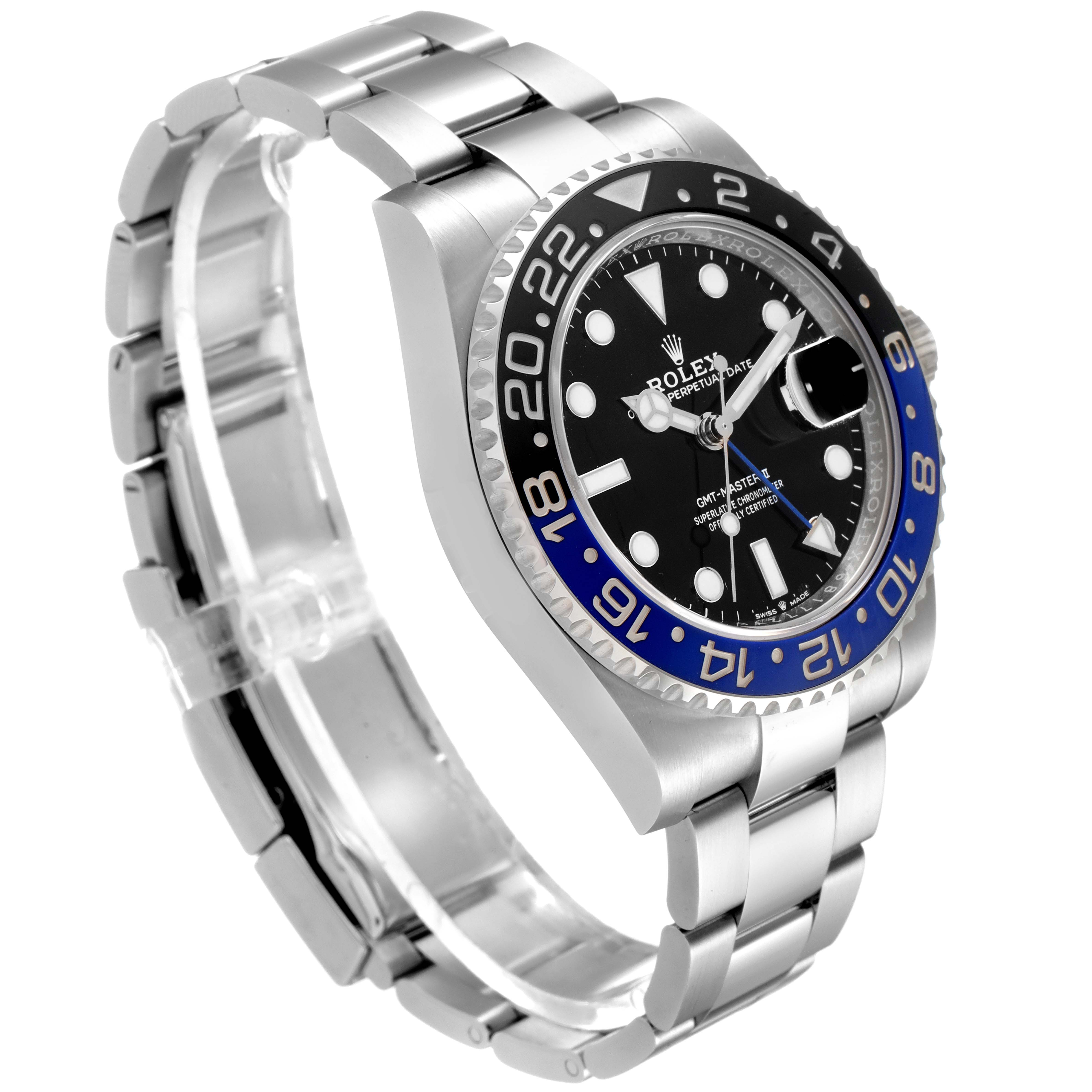 This image shows a side-angle view of a Rolex GMT-Master 126710 Men
s Stainless Steel Black Dial 126710 Men
s Stainless Steel Black Dial watch, highlighting its bezel, dial, and bracelet.