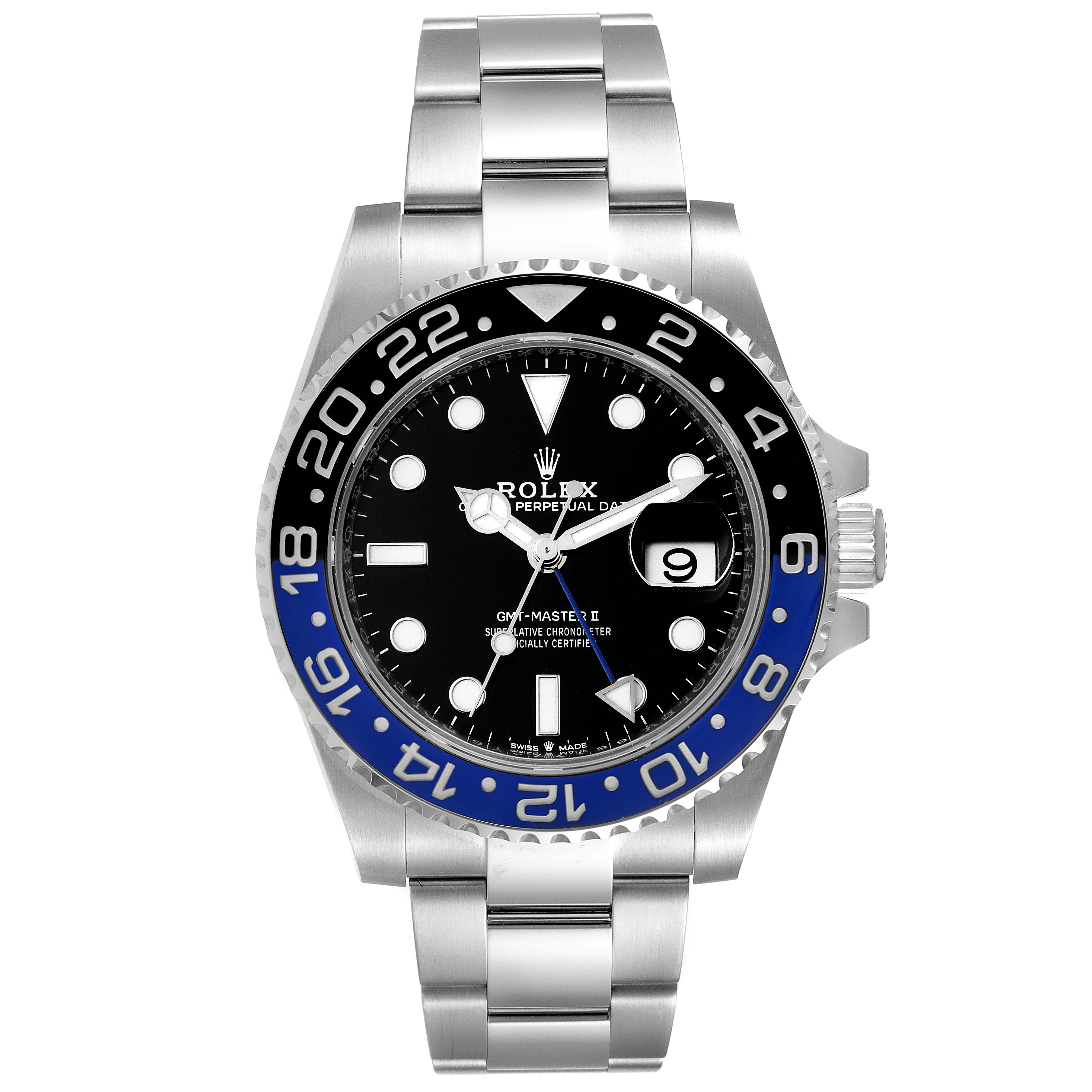 The image shows a front view of a Rolex GMT-Master 126710 Men
s Stainless Steel Black Dial 126710 Men
s Stainless Steel Black Dial II watch featuring a black and blue bezel and a stainless steel bracelet.
