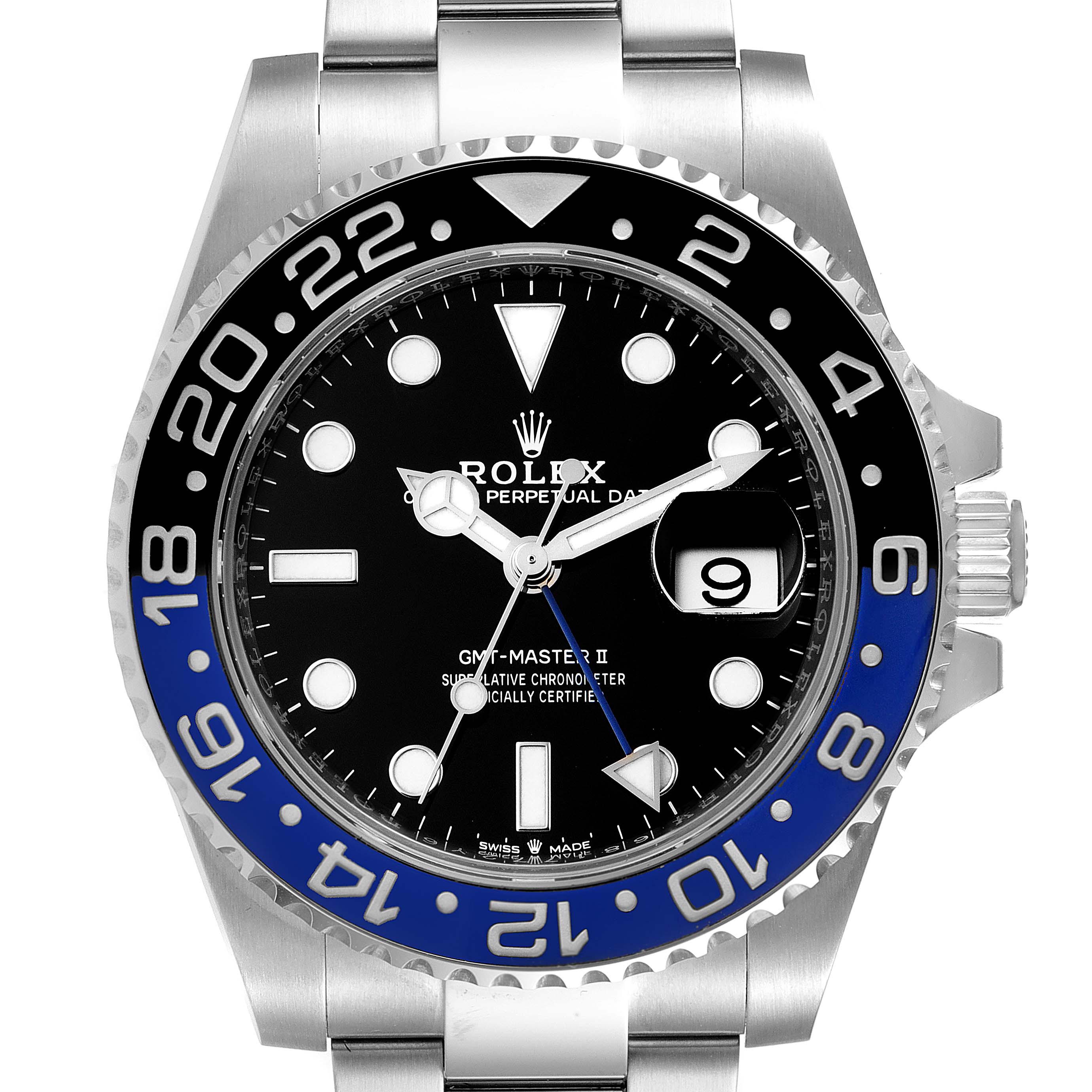 This is a close-up front view of the Rolex GMT-Master 126710 Men
s Stainless Steel Black Dial 126710 Men
s Stainless Steel Black Dial II watch, showing the dial, bezel, and part of the bracelet.