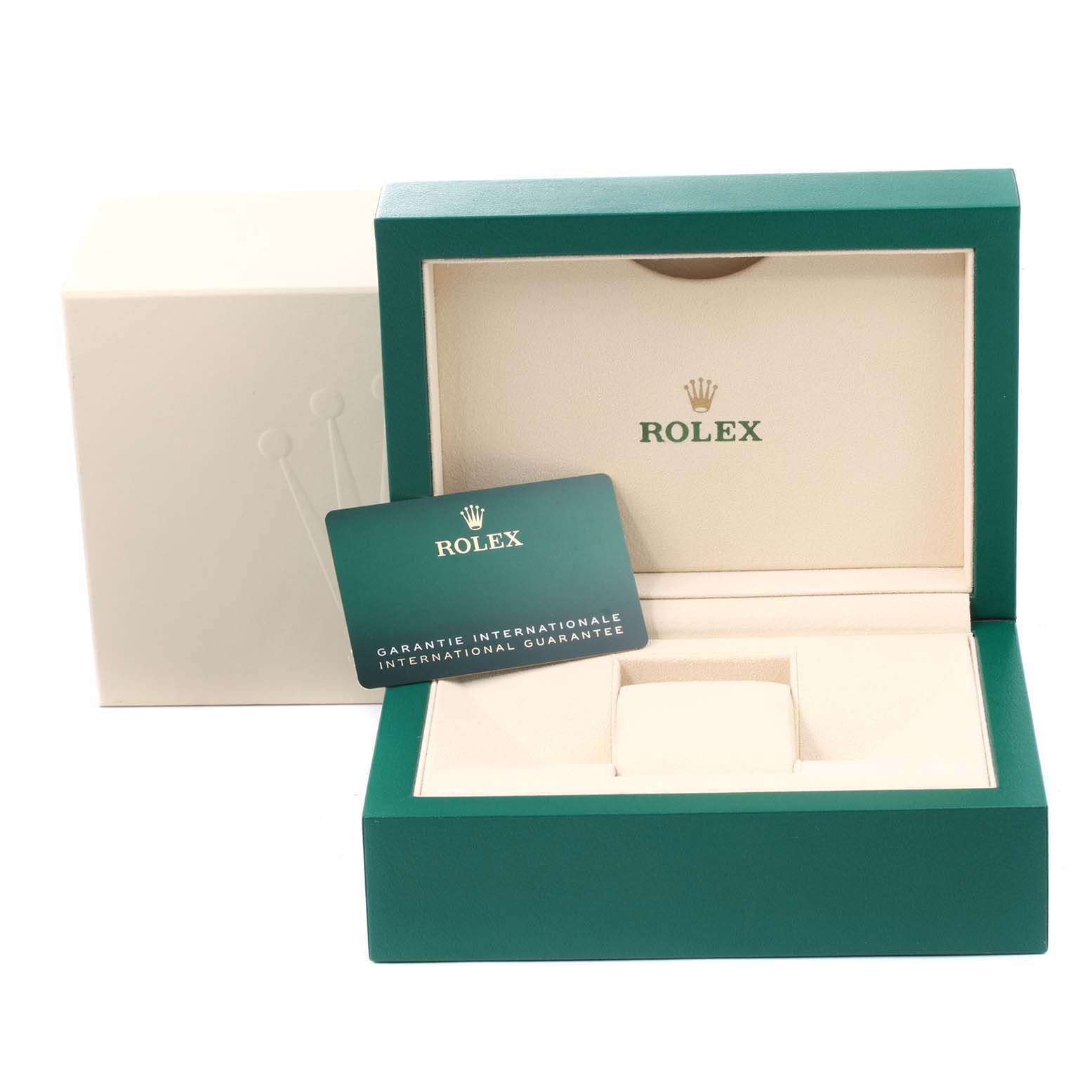 The image shows the packaging box and an international guarantee card for a Rolex GMT-Master 126710 Men
s Stainless Steel Black Dial 126710 Men
s Stainless Steel Black Dial watch.