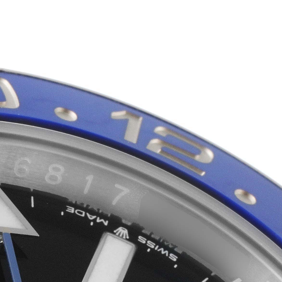 The image shows a close-up of the bezel and dial of a Rolex GMT-Master 126710 Men
s Stainless Steel Black Dial 126710 Men
s Stainless Steel Black Dial watch.