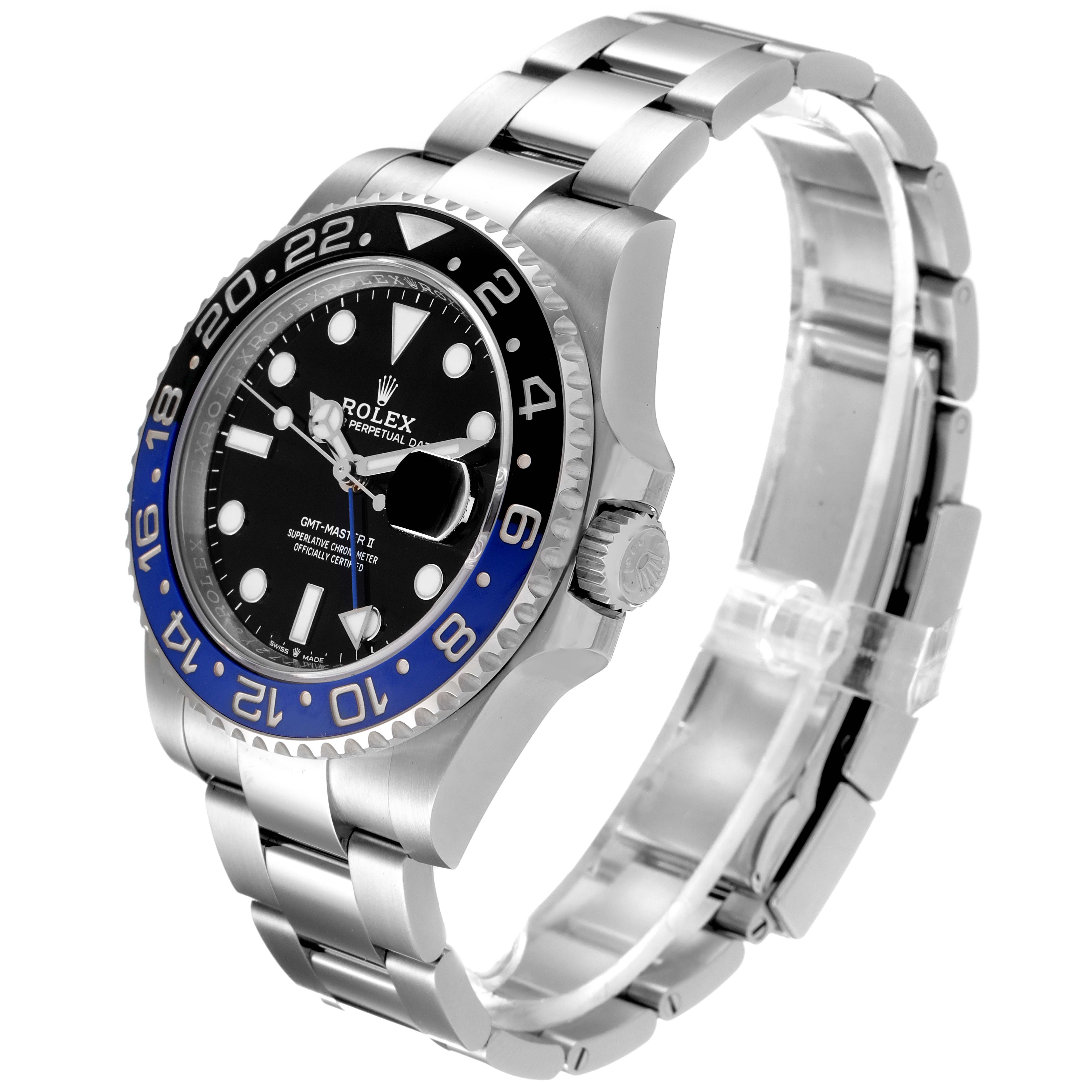 This image shows a side and front view of a Rolex GMT-Master 126710 Men
s Stainless Steel Black Dial 126710 Men
s Stainless Steel Black Dial watch, highlighting its bezel, dial, and bracelet.